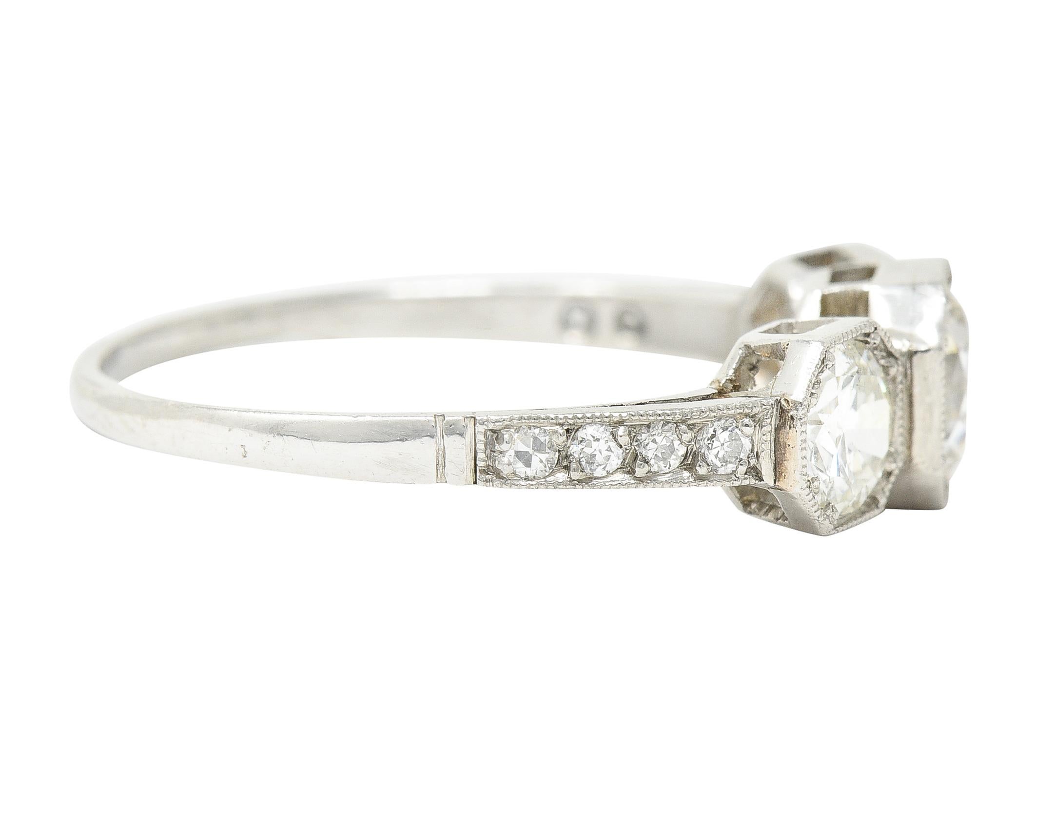 Women's or Men's Art Deco 1.34 Carat Old European Cut Diamond Platinum 3 Stone Ring