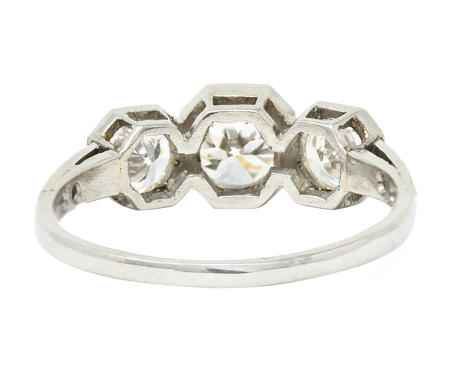 Art Deco 1.34 Carat Old European Cut Diamond Platinum 3 Stone Ring 1