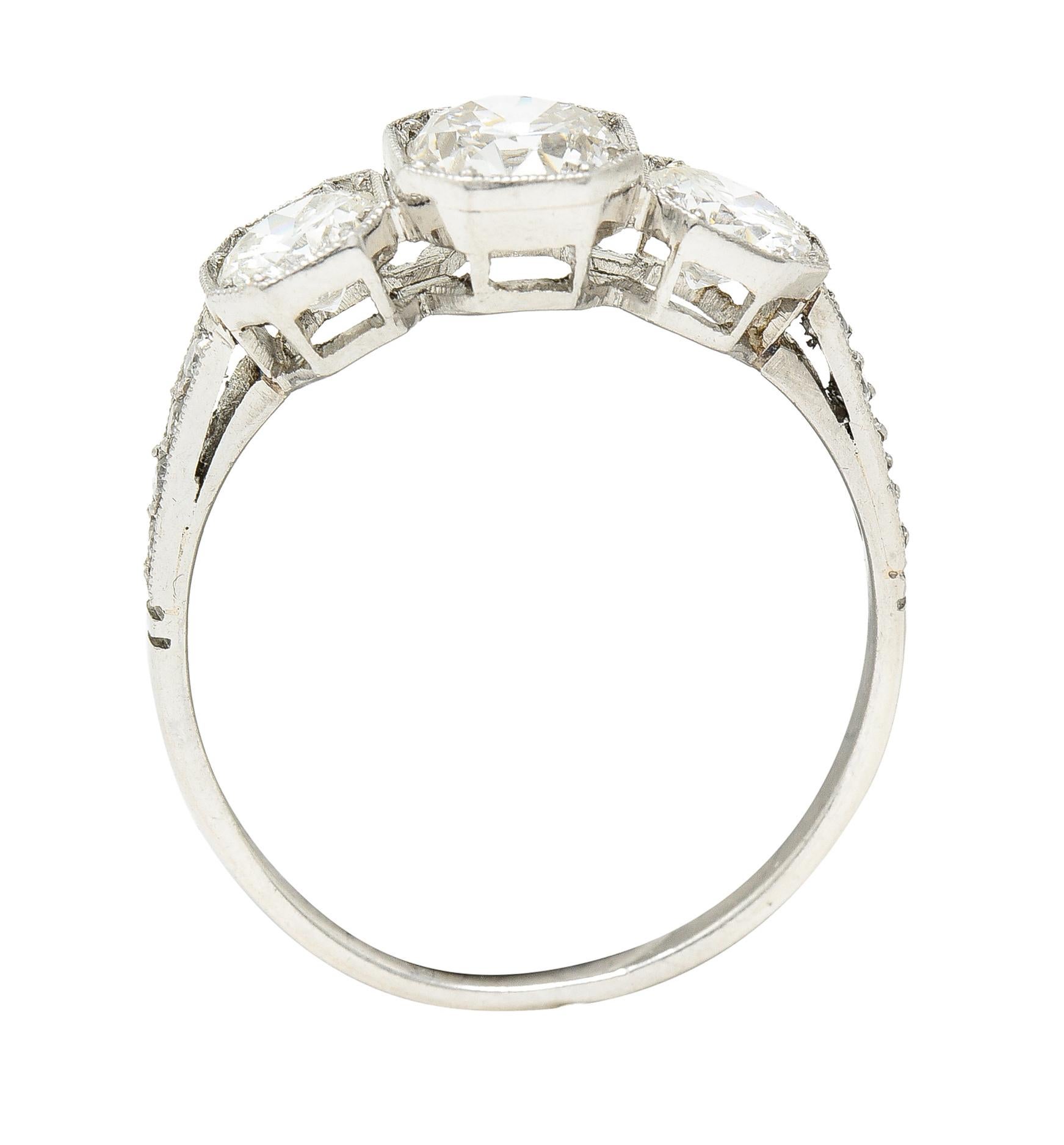 Art Deco 1.34 Carat Old European Cut Diamond Platinum 3 Stone Ring 5