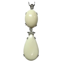 Art Deco Style 13.4 Grams White Coral White Diamond 18 Karat White Gold Pendant