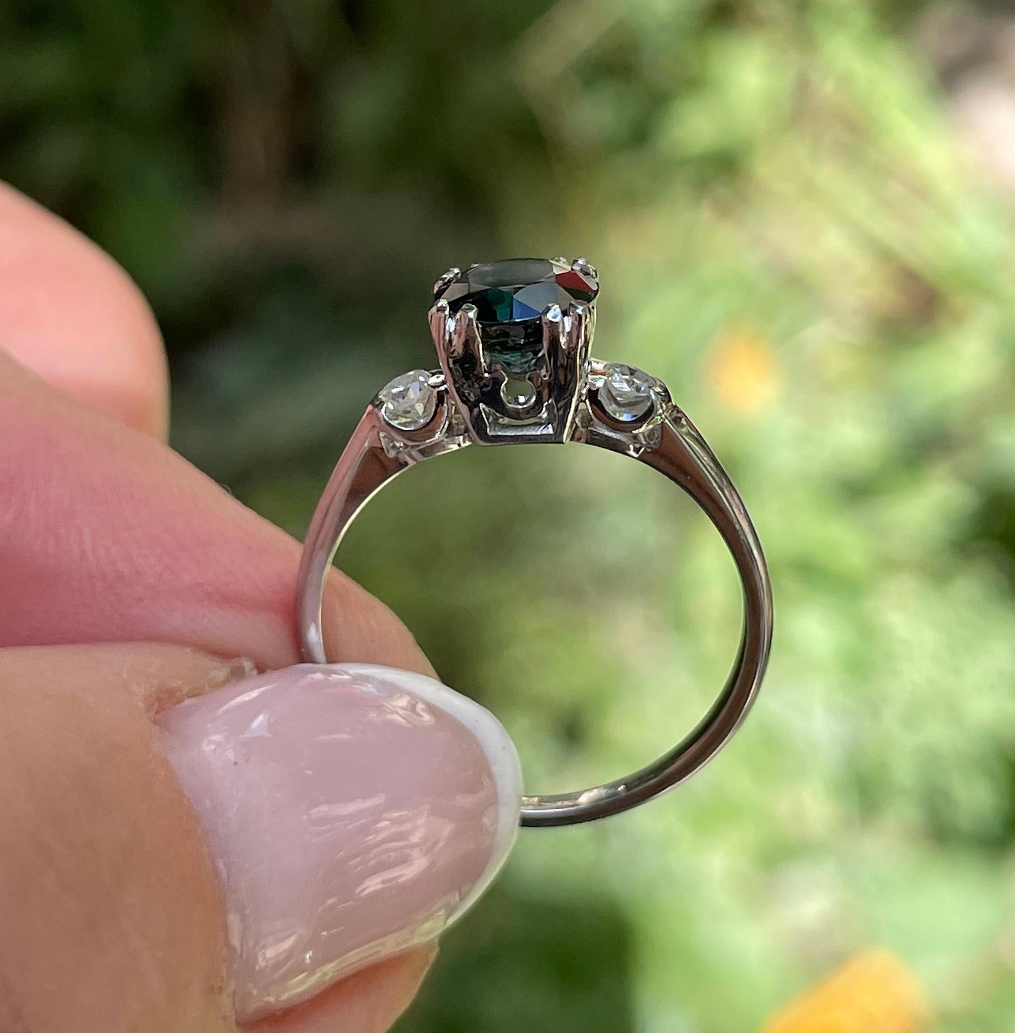 Art Deco 1.30ctw Solitaire Round Green Sapphire & Diamond 18K Vintage Ring 13