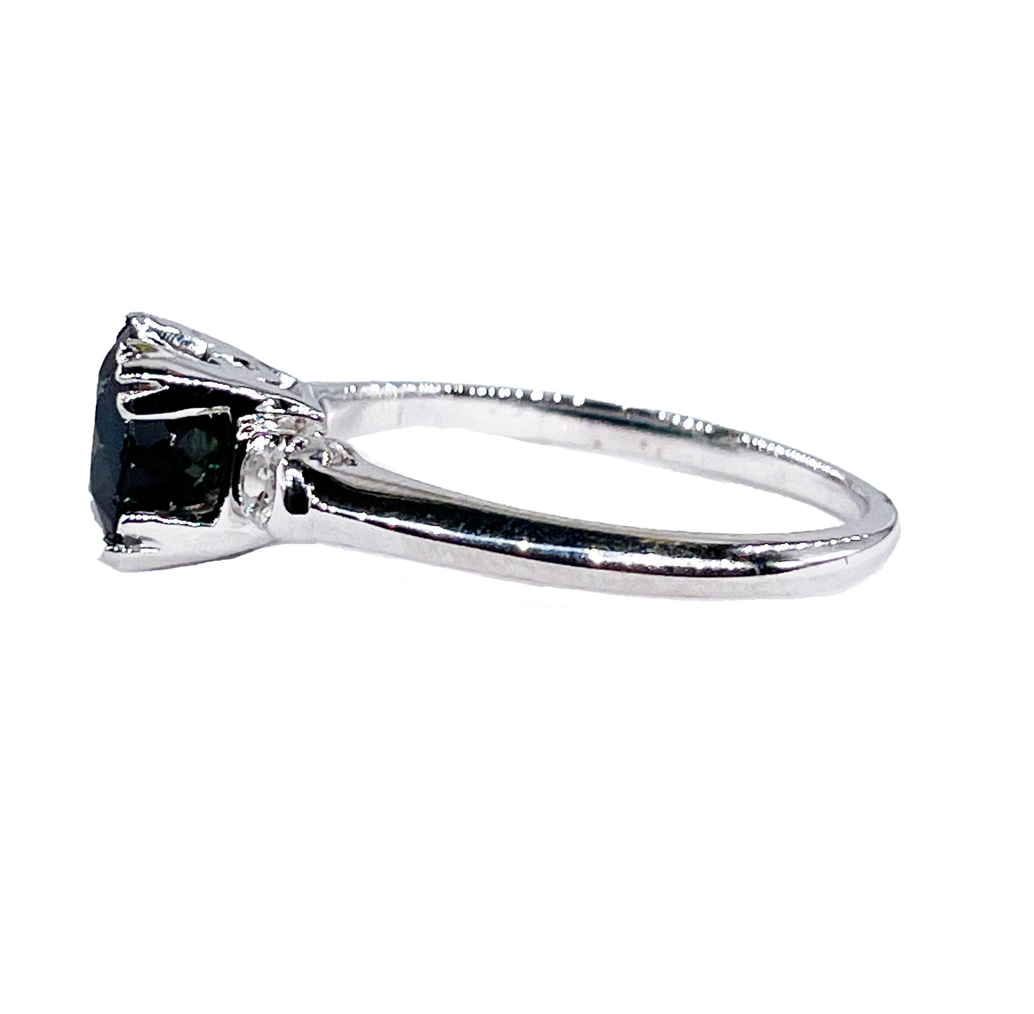 Round Cut Art Deco 1.30ctw Solitaire Round Green Sapphire & Diamond 18K Vintage Ring