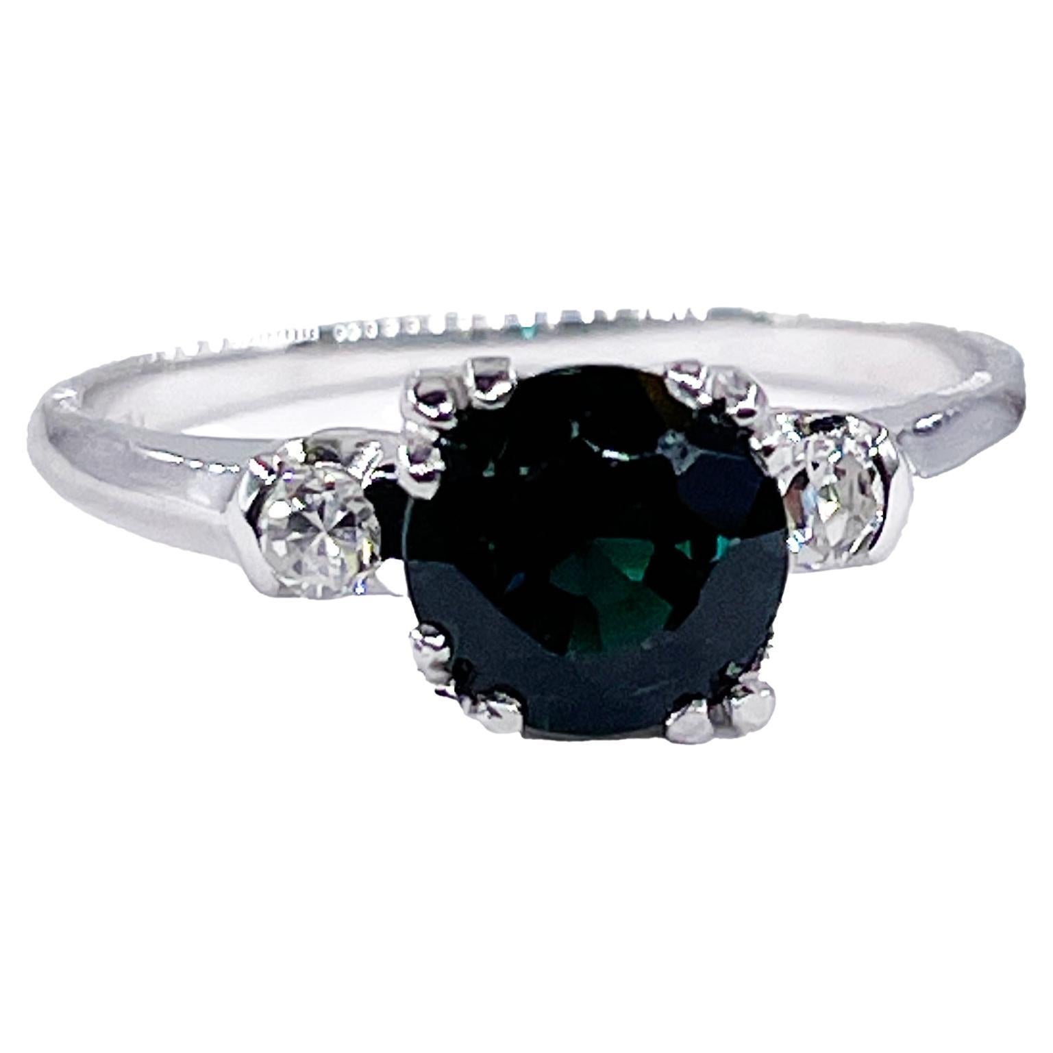Art Deco 1.30ctw Solitaire Round Green Sapphire & Diamond 18K Vintage Ring