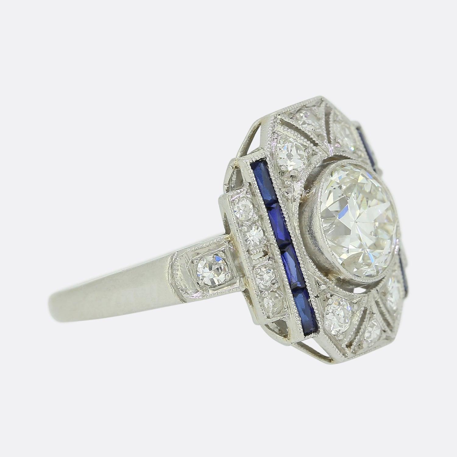 Old European Cut Art Deco 1.35 Carat Diamond Engagement Ring For Sale