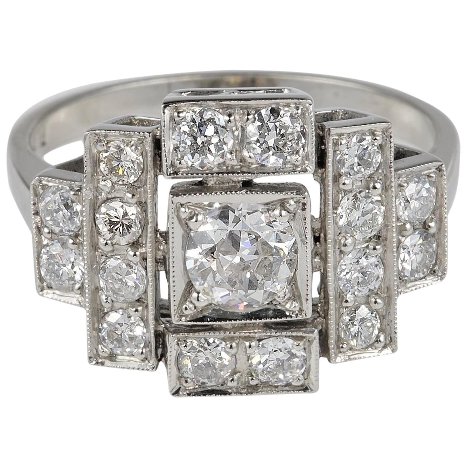 Art Deco 1.35 Carat Diamond Platinum Ring For Sale