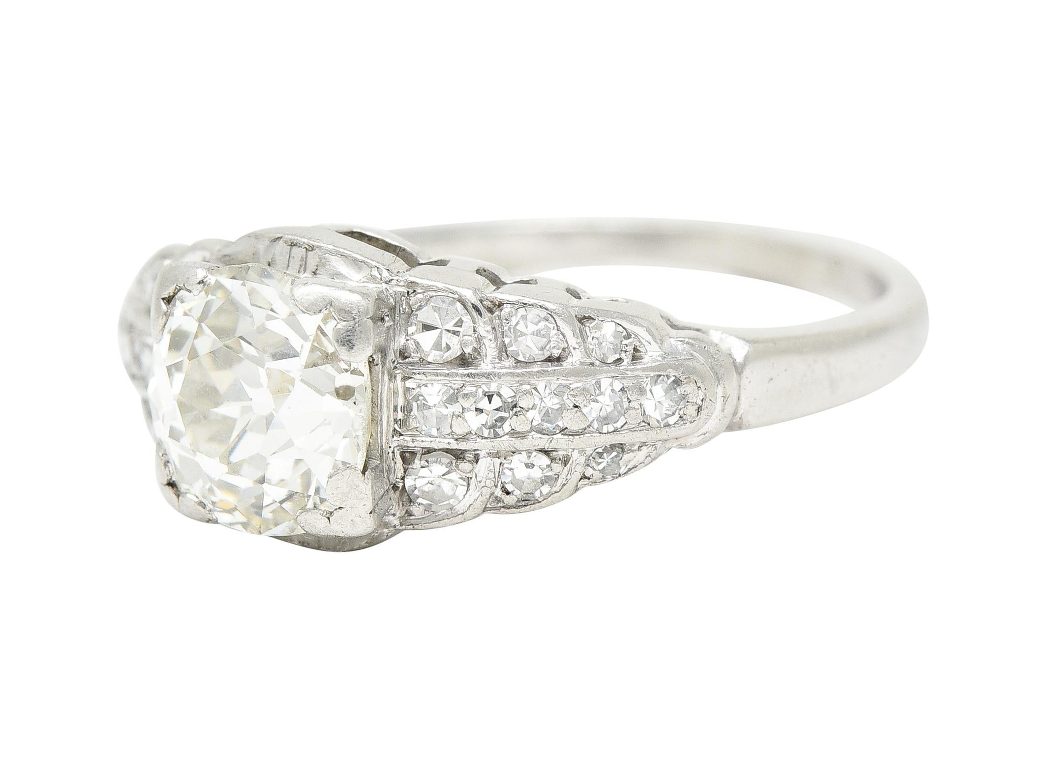 Old European Cut Art Deco 1.35 Carats Diamond Platinum Square Form Vintage Engagement Ring For Sale
