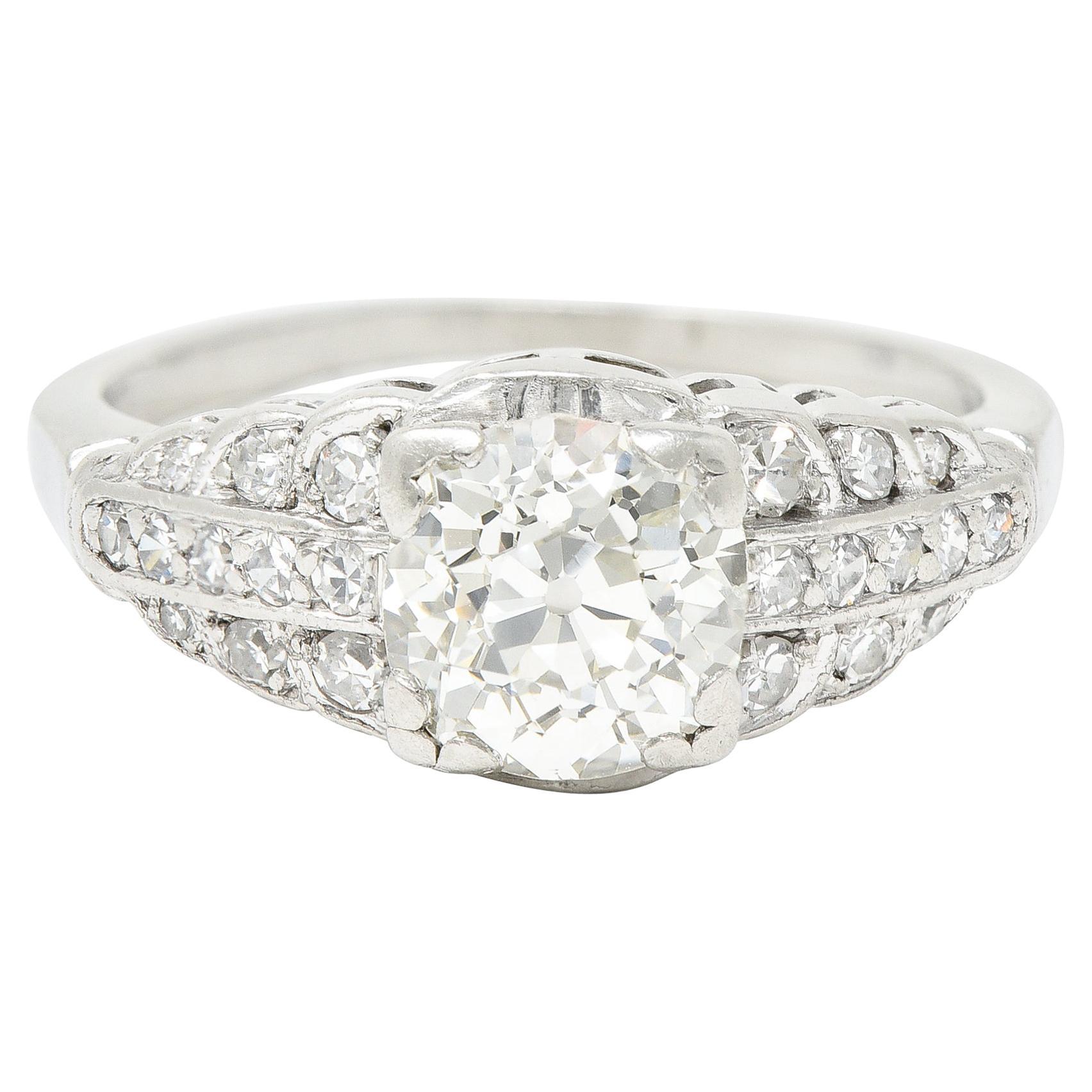 Art Deco 1.35 Carats Diamond Platinum Square Form Vintage Engagement Ring For Sale