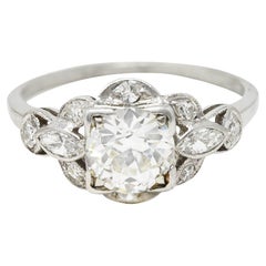 Art Deco 1.35 Carats Old European Diamond Platinum Cluster Engagement Ring