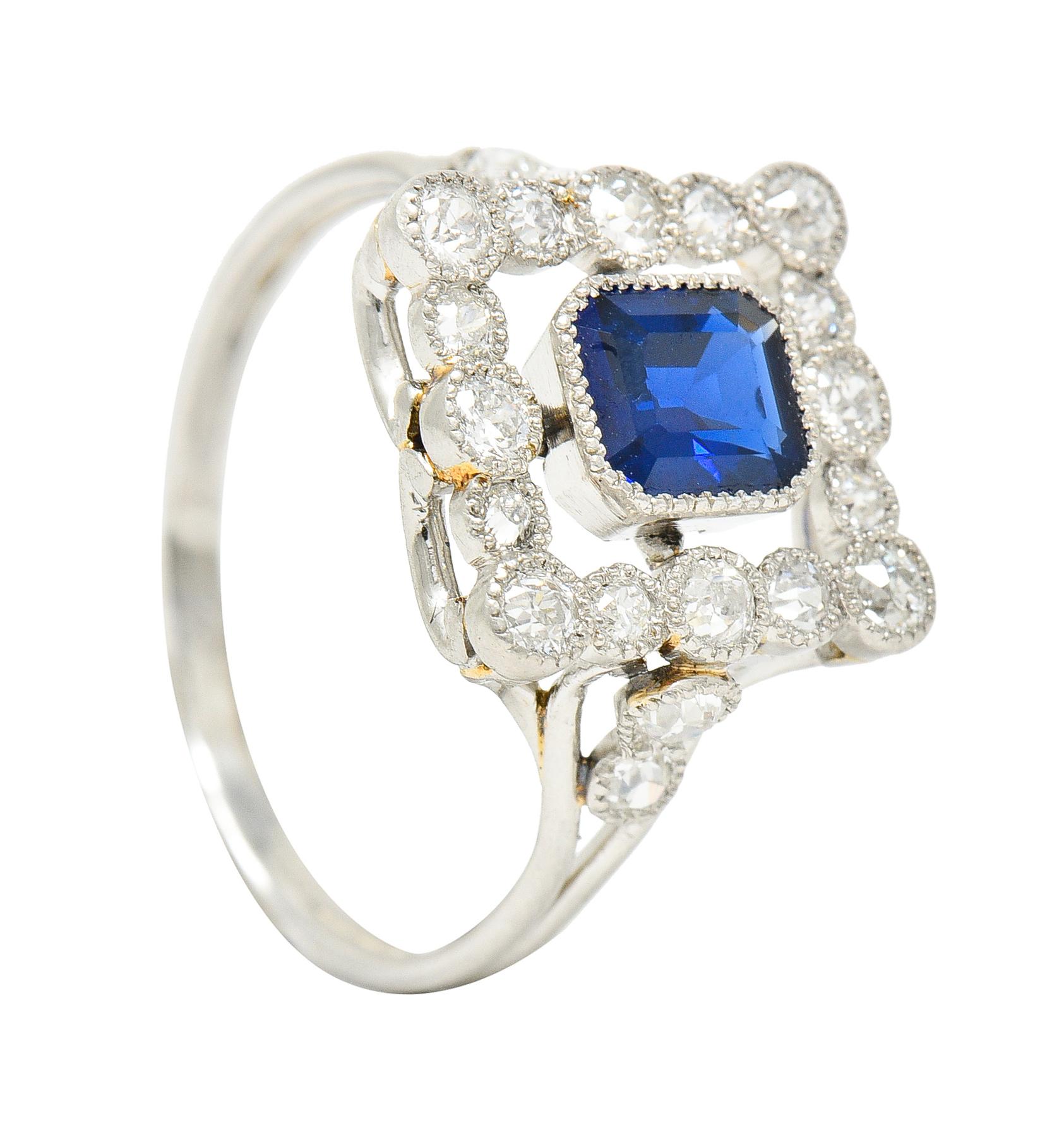 Art Deco 1.35 Carats Sapphire Diamond Platinum Rectangular Cluster Ring For Sale 5