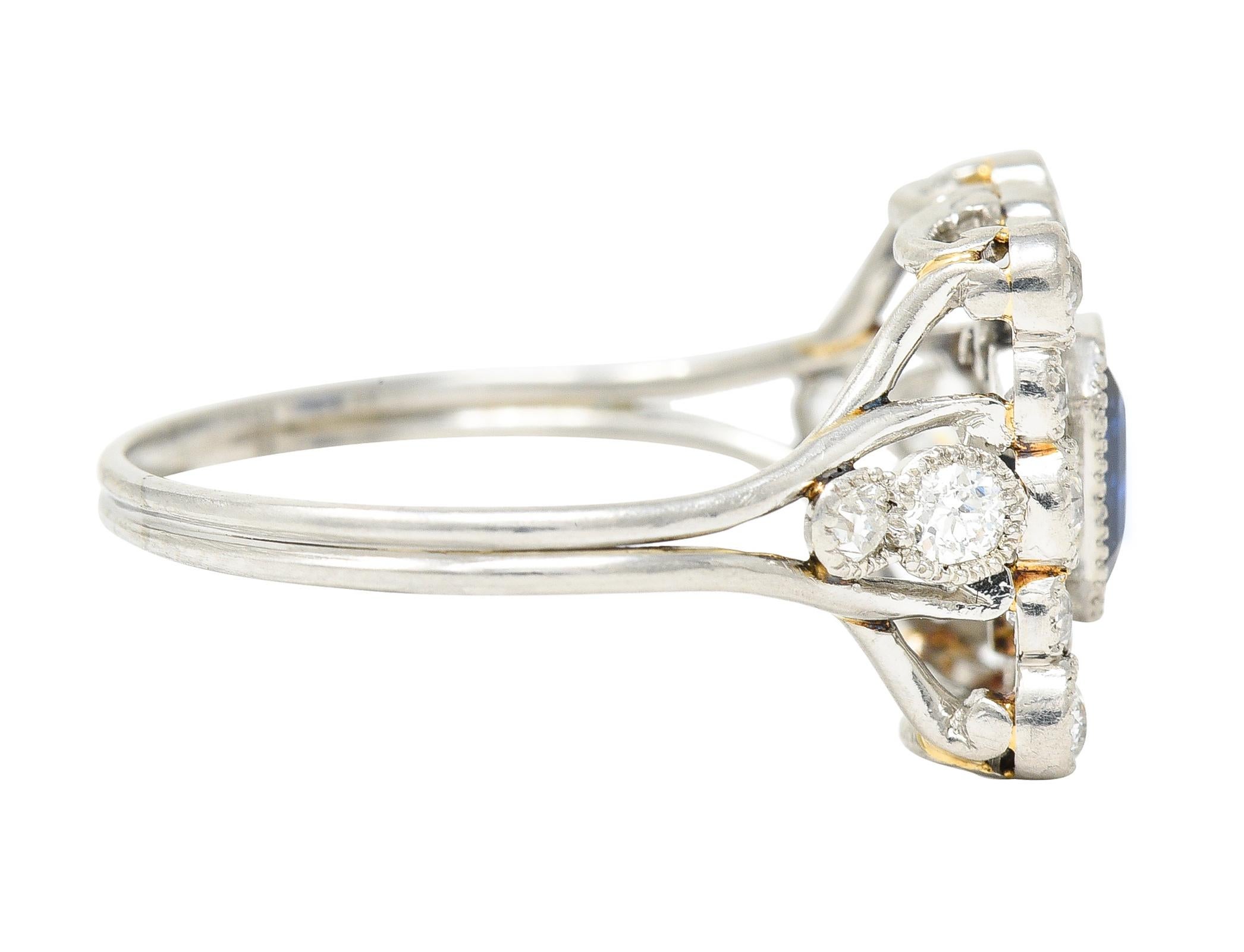 Emerald Cut Art Deco 1.35 Carats Sapphire Diamond Platinum Rectangular Cluster Ring For Sale