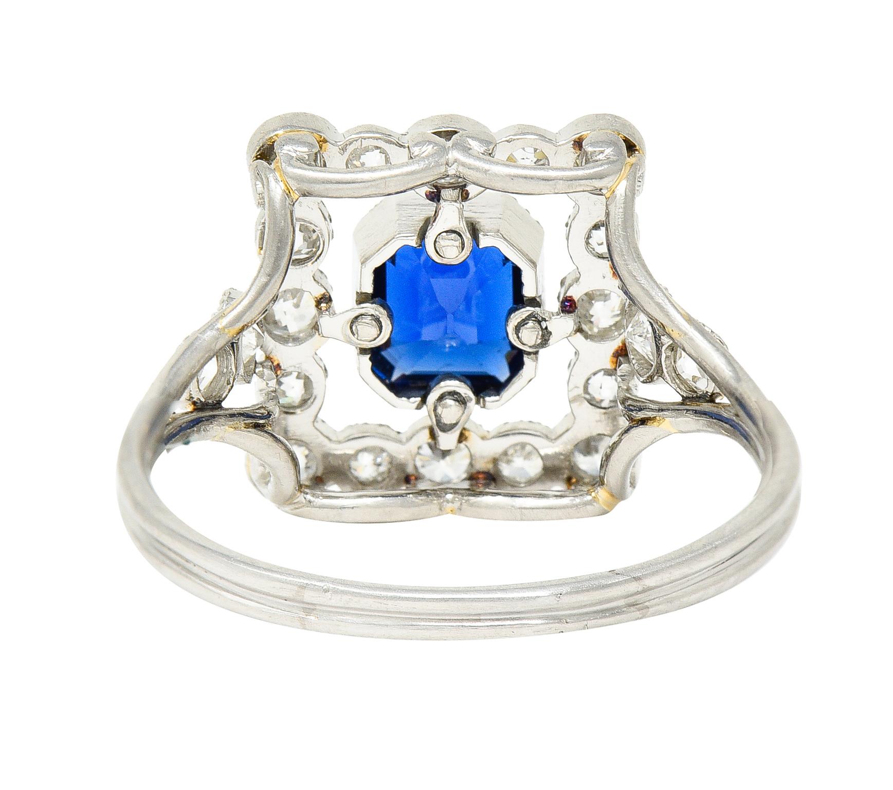 Art Deco 1.35 Carats Sapphire Diamond Platinum Rectangular Cluster Ring In Excellent Condition For Sale In Philadelphia, PA
