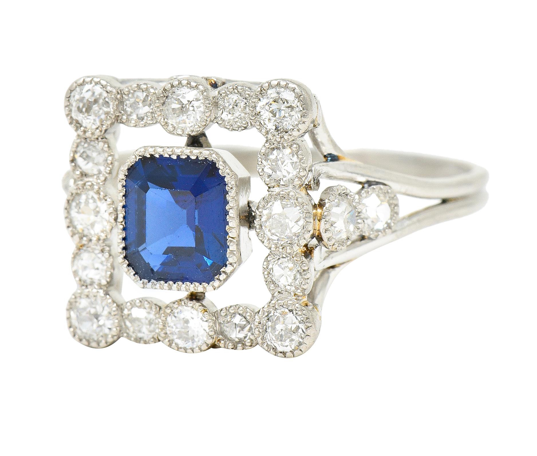 Art Deco 1.35 Carats Sapphire Diamond Platinum Rectangular Cluster Ring For Sale 1