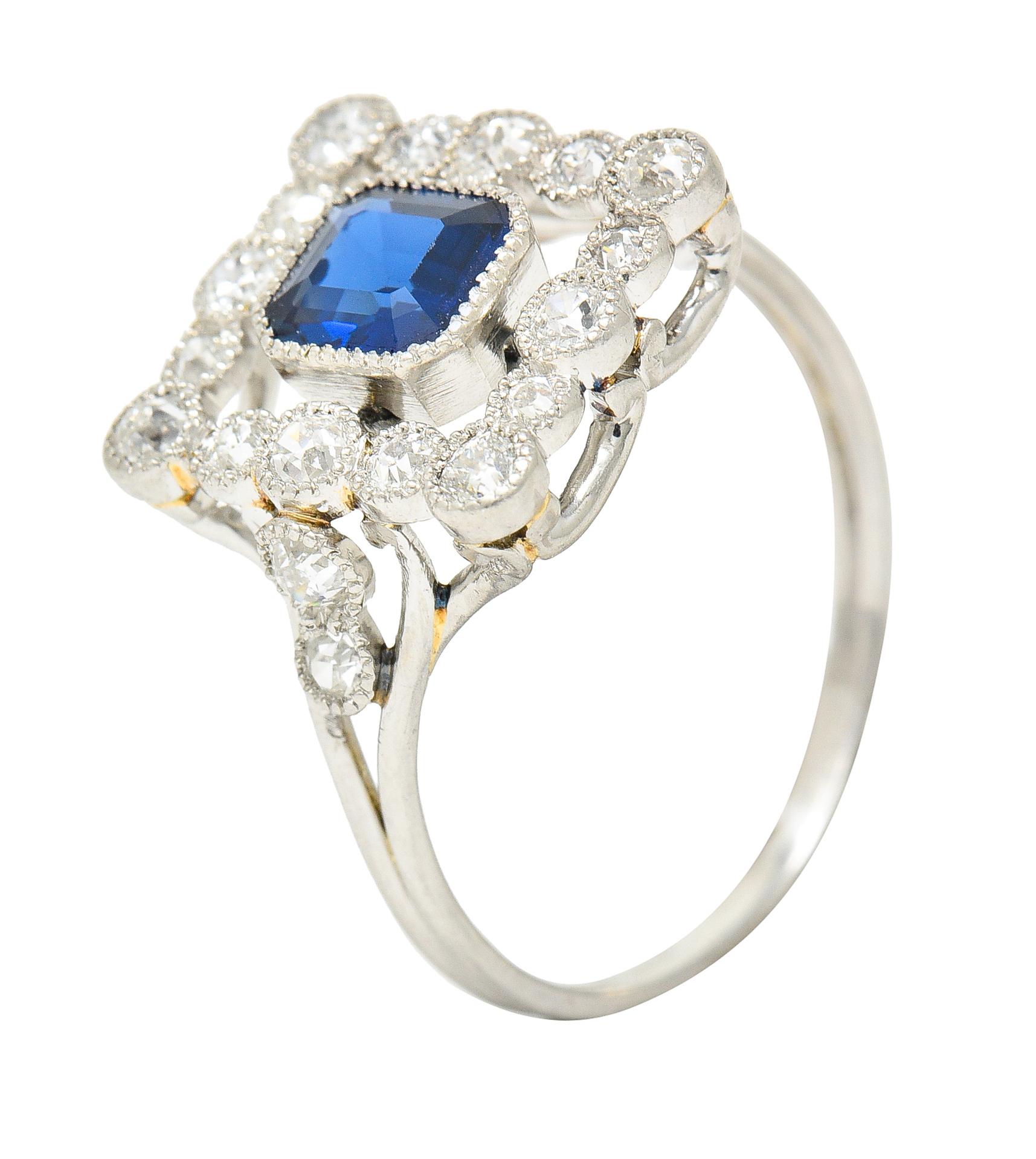 Art Deco 1.35 Carats Sapphire Diamond Platinum Rectangular Cluster Ring For Sale 2