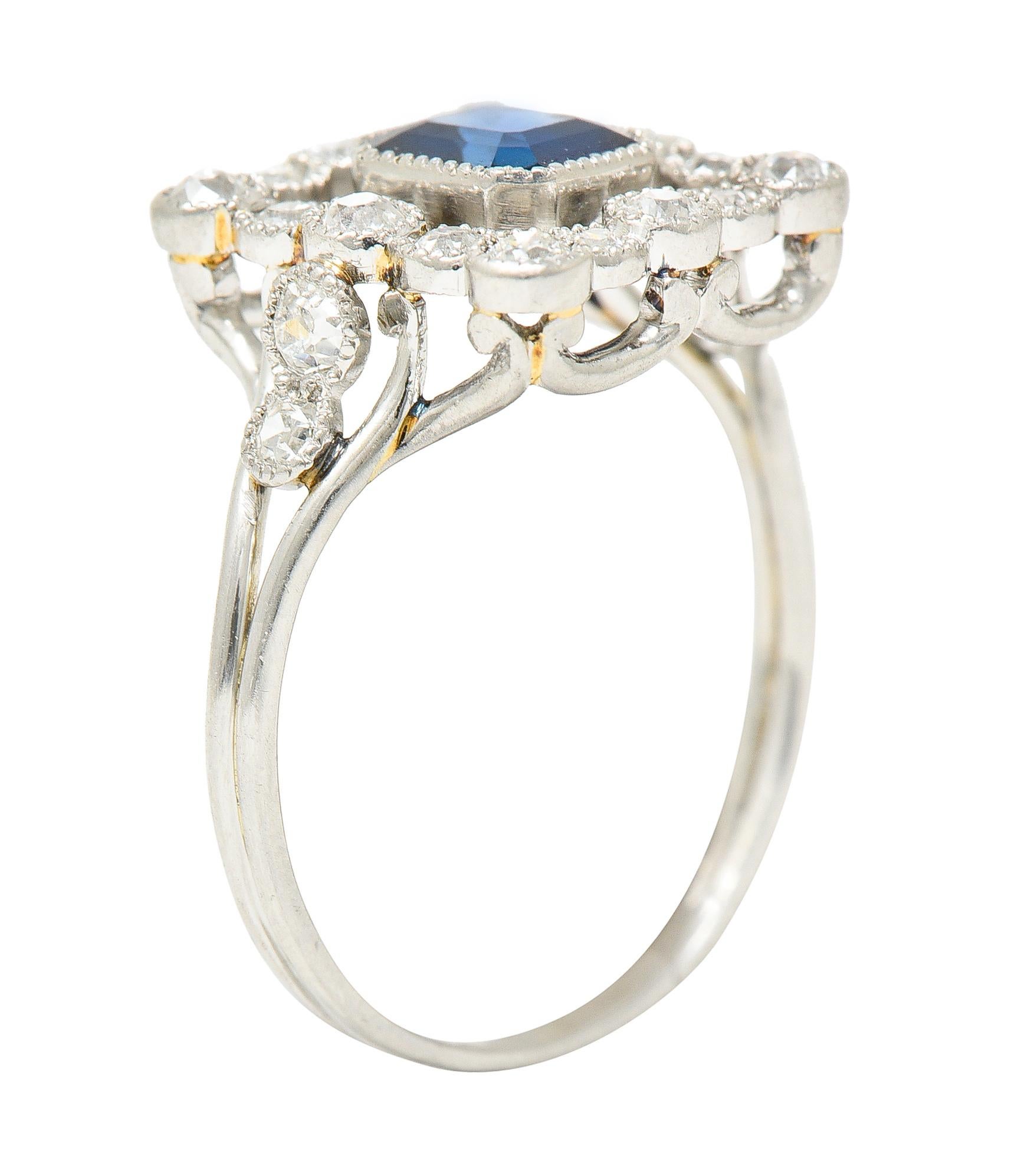Art Deco 1.35 Carats Sapphire Diamond Platinum Rectangular Cluster Ring For Sale 3
