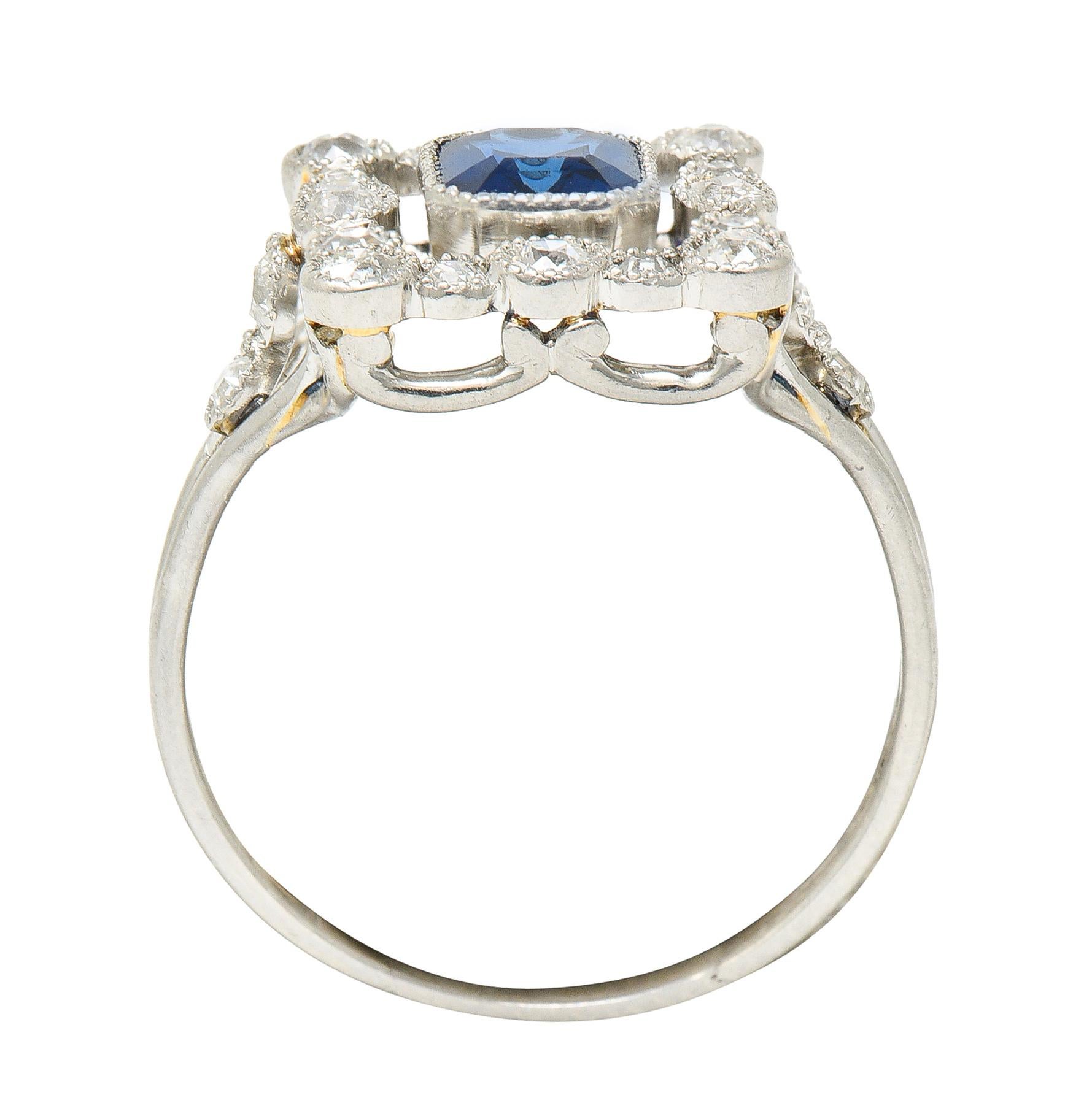 Art Deco 1.35 Carats Sapphire Diamond Platinum Rectangular Cluster Ring For Sale 4