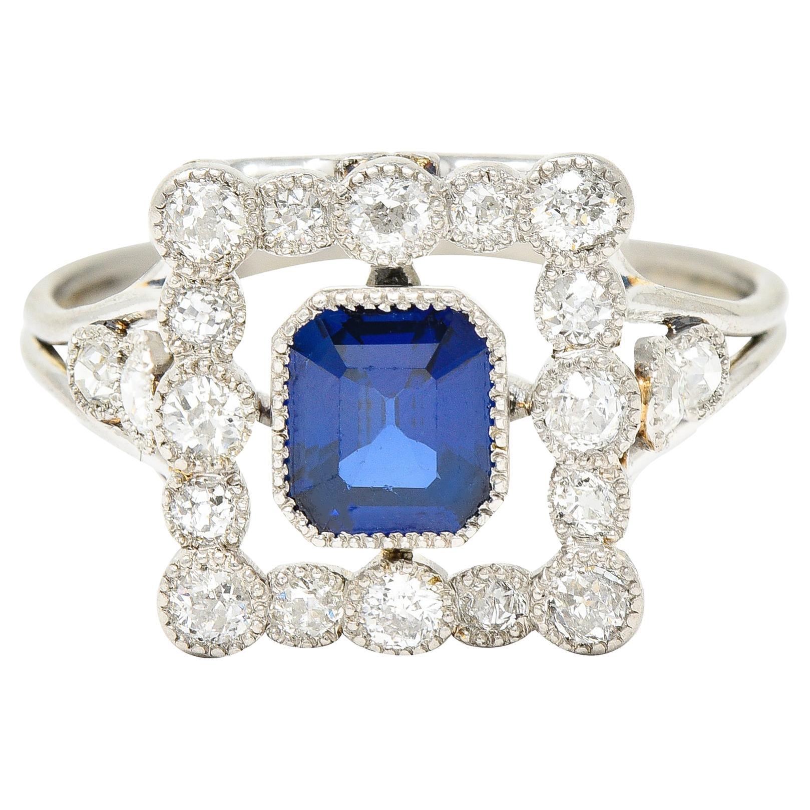 Art Deco 1.35 Carats Sapphire Diamond Platinum Rectangular Cluster Ring For Sale