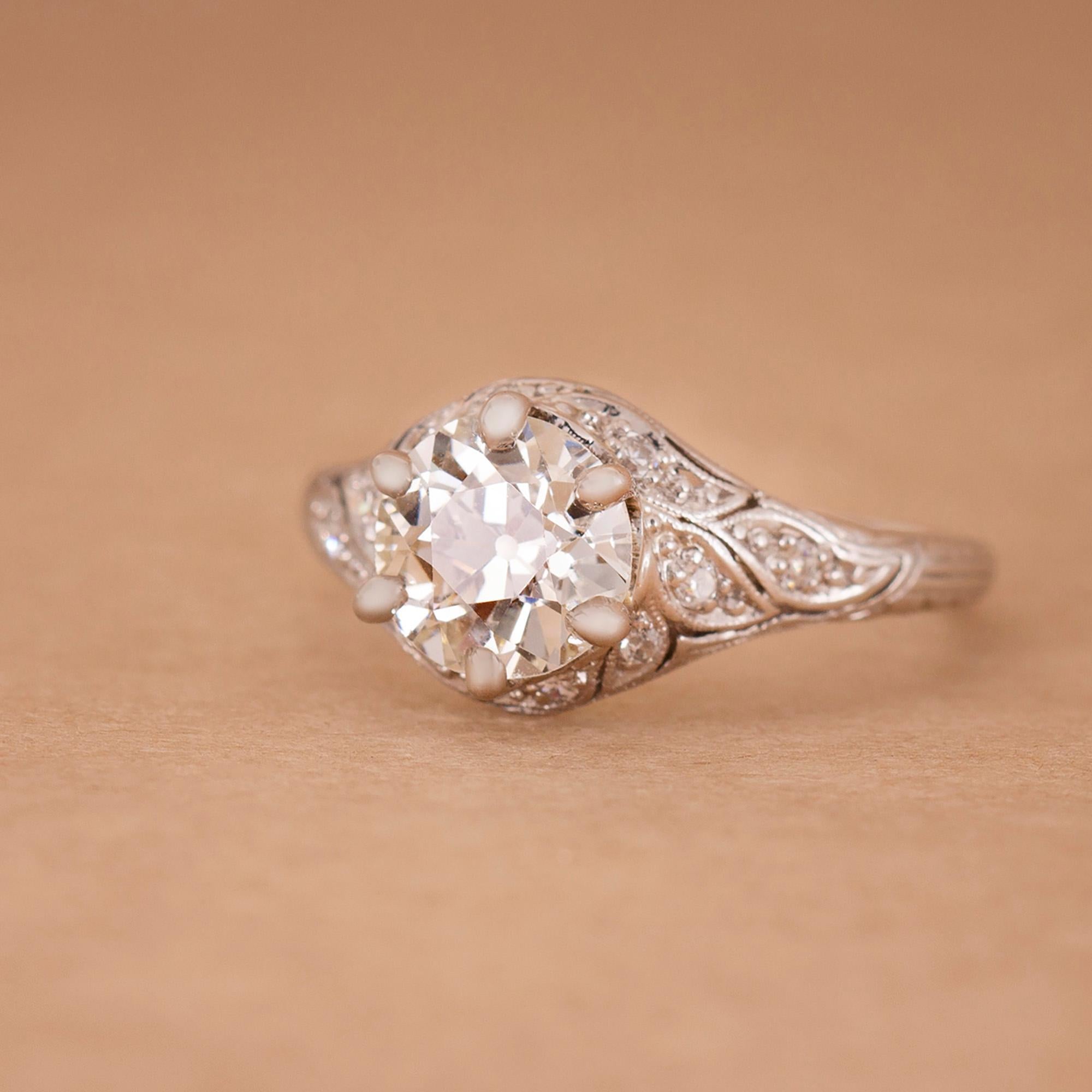 Art Deco 1.35 Ct. Old European Engagement Ring I VS in Platinum In Good Condition For Sale In New York, NY