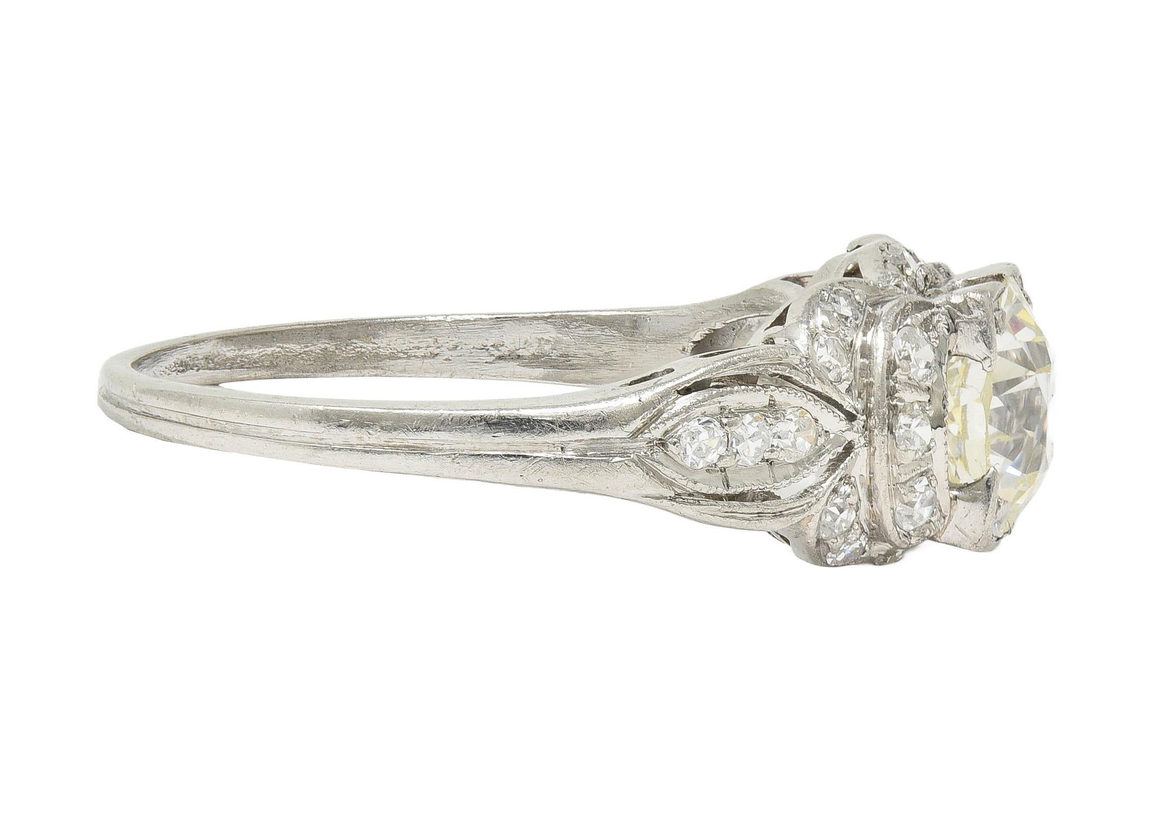 Old European Cut Art Deco 1.35 CTW Old European Diamond Platinum Vintage Bow Engagement Ring For Sale