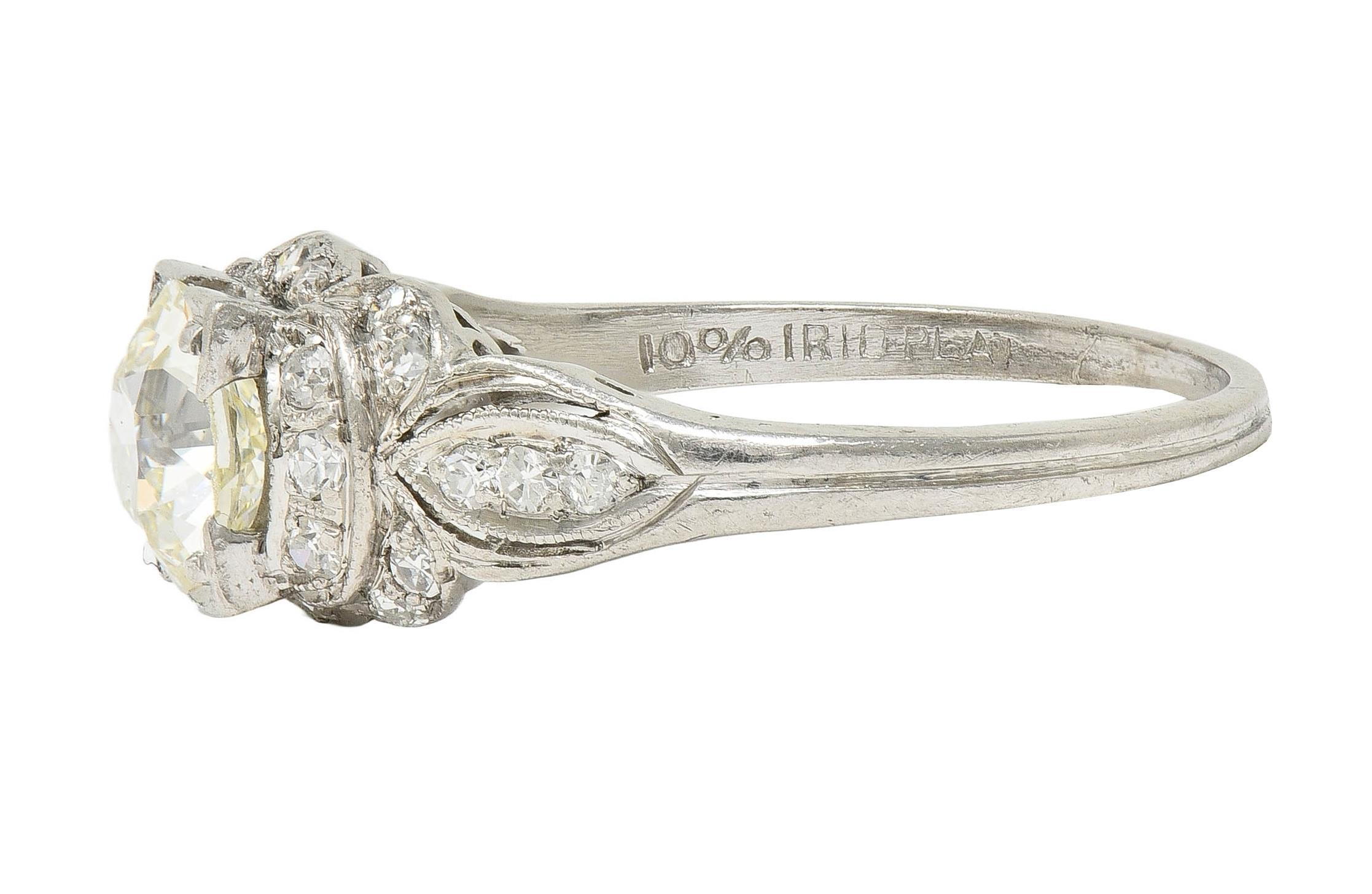 Women's or Men's Art Deco 1.35 CTW Old European Diamond Platinum Vintage Bow Engagement Ring For Sale