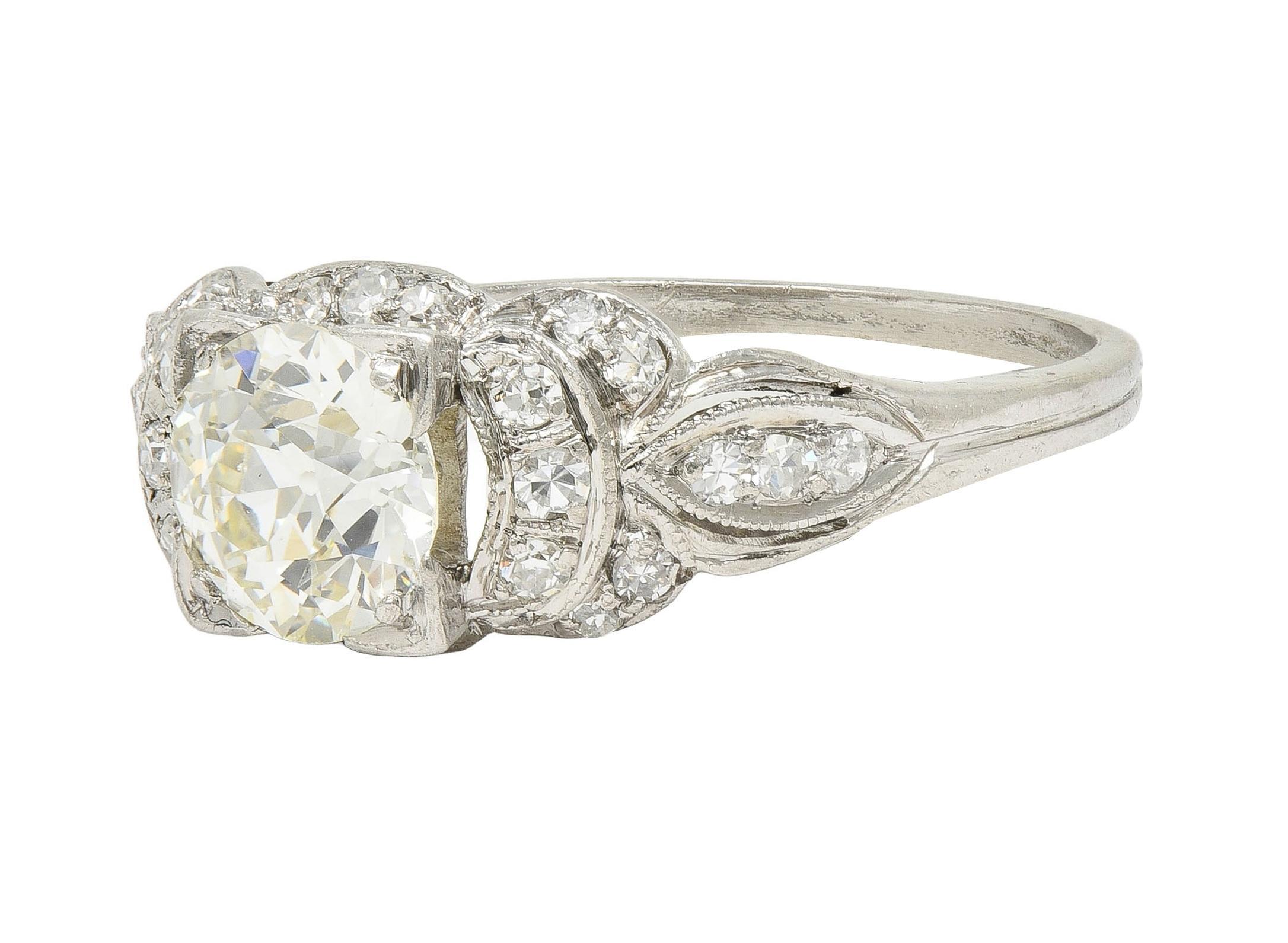 Art Deco 1.35 CTW Old European Diamond Platinum Vintage Bow Engagement Ring For Sale 1