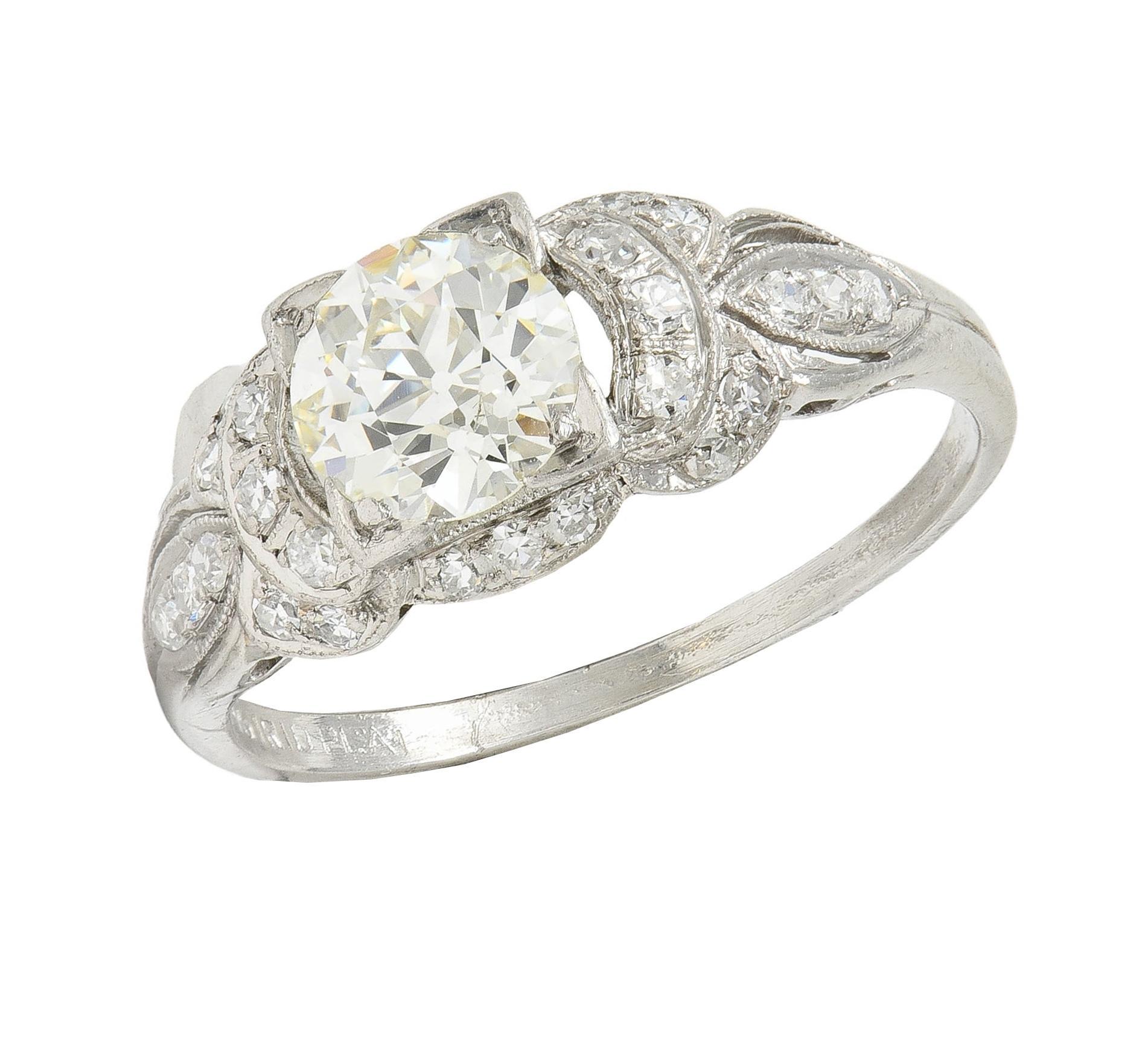 Art Deco 1.35 CTW Old European Diamond Platinum Vintage Bow Engagement Ring For Sale 3