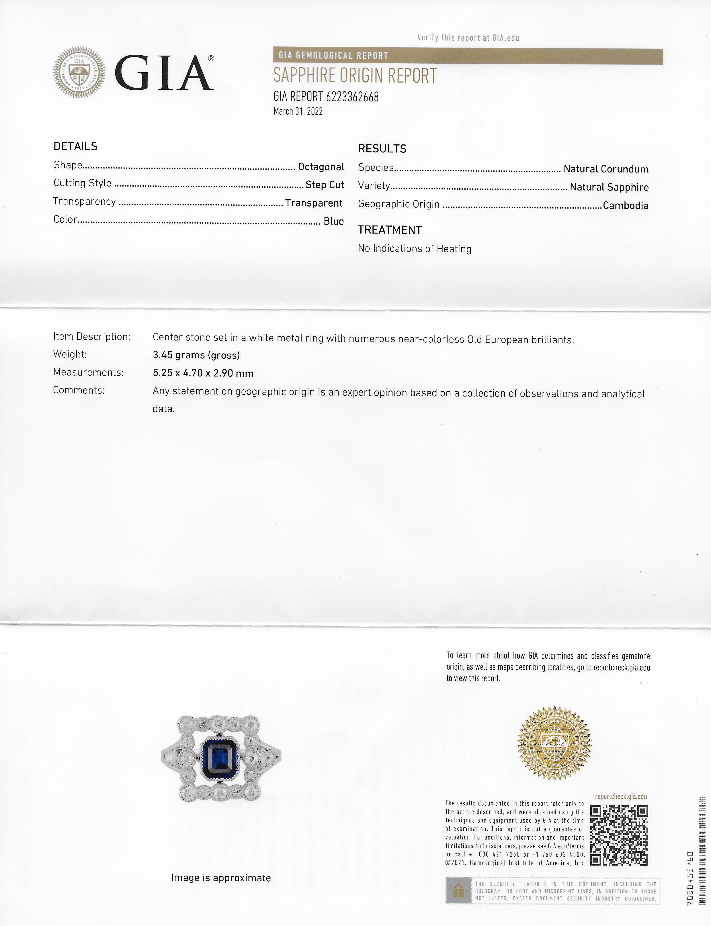 Art Deco 1.35 CTW Zaffiro Diamante Platino Anello vintage a grappolo GIA in vendita 3