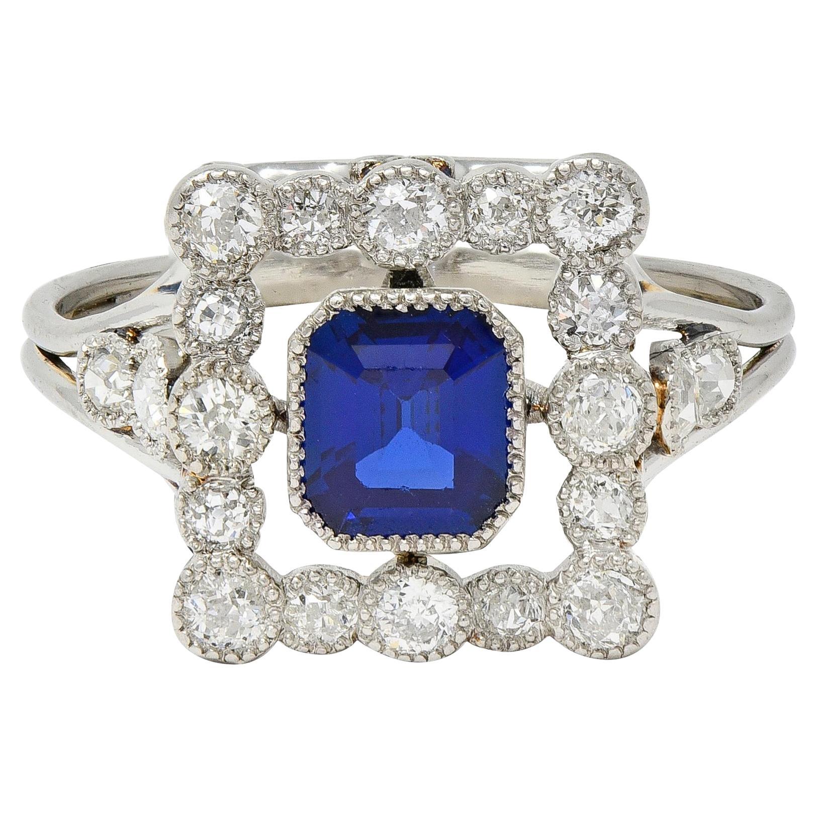 Art Deco 1.35 CTW Zaffiro Diamante Platino Anello vintage a grappolo GIA in vendita