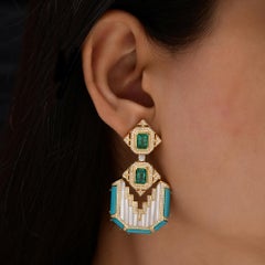 Art Deco Inspired 13.58Ct Gemstone Diamond 18K Yellow Gold Statement Earrings