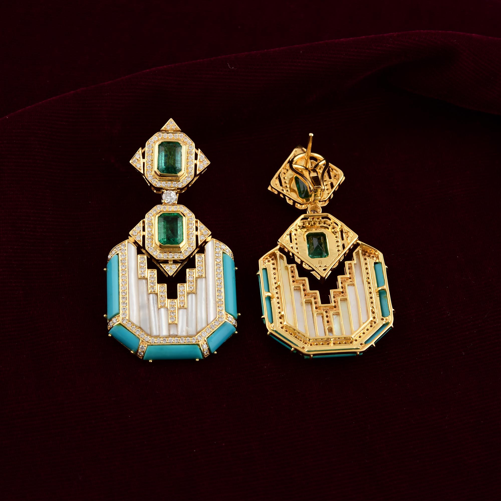 Mixed Cut Art Deco 13.58Ct Emerald & Turquoise Drop Earrings in 18K Gold with Diamonds For Sale