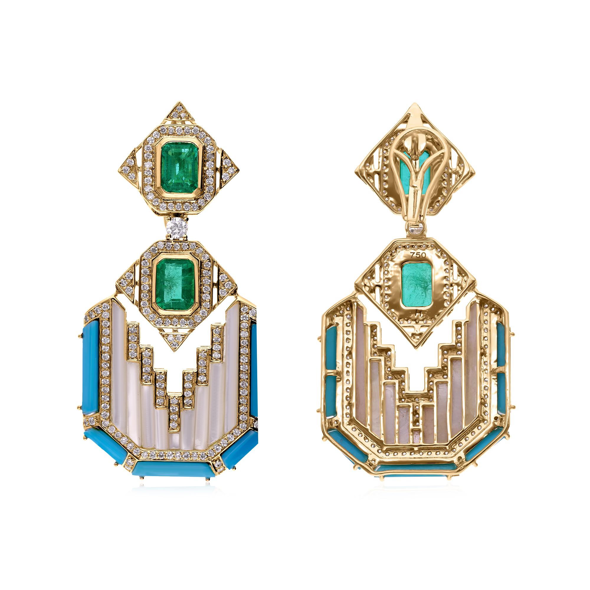 Art Deco 13.58Ct Emerald & Turquoise Drop Earrings in 18K Gold with Diamonds In New Condition For Sale In Diera, Dubai