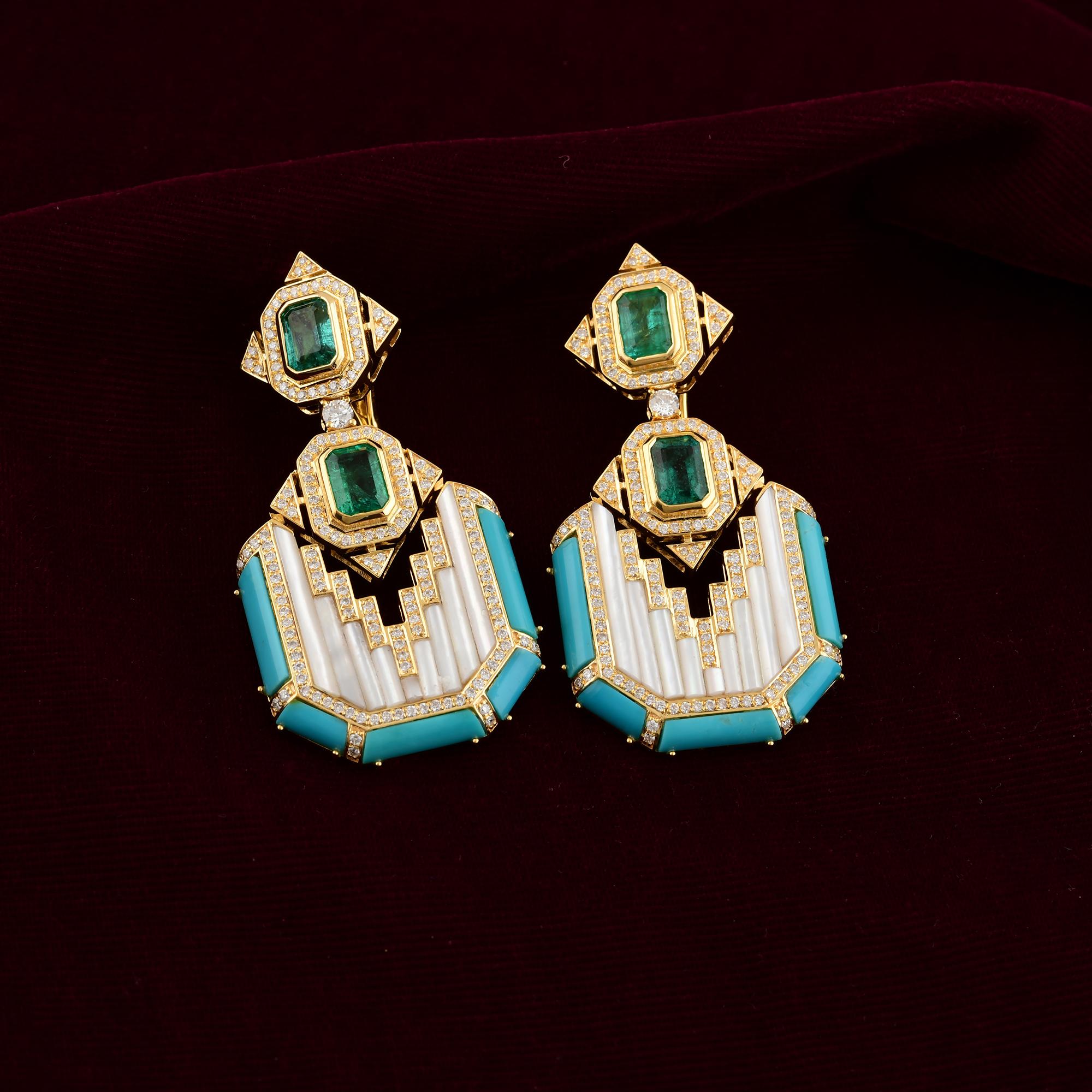 Women's Art Deco 13.58Ct Emerald & Turquoise Drop Earrings in 18K Gold with Diamonds For Sale