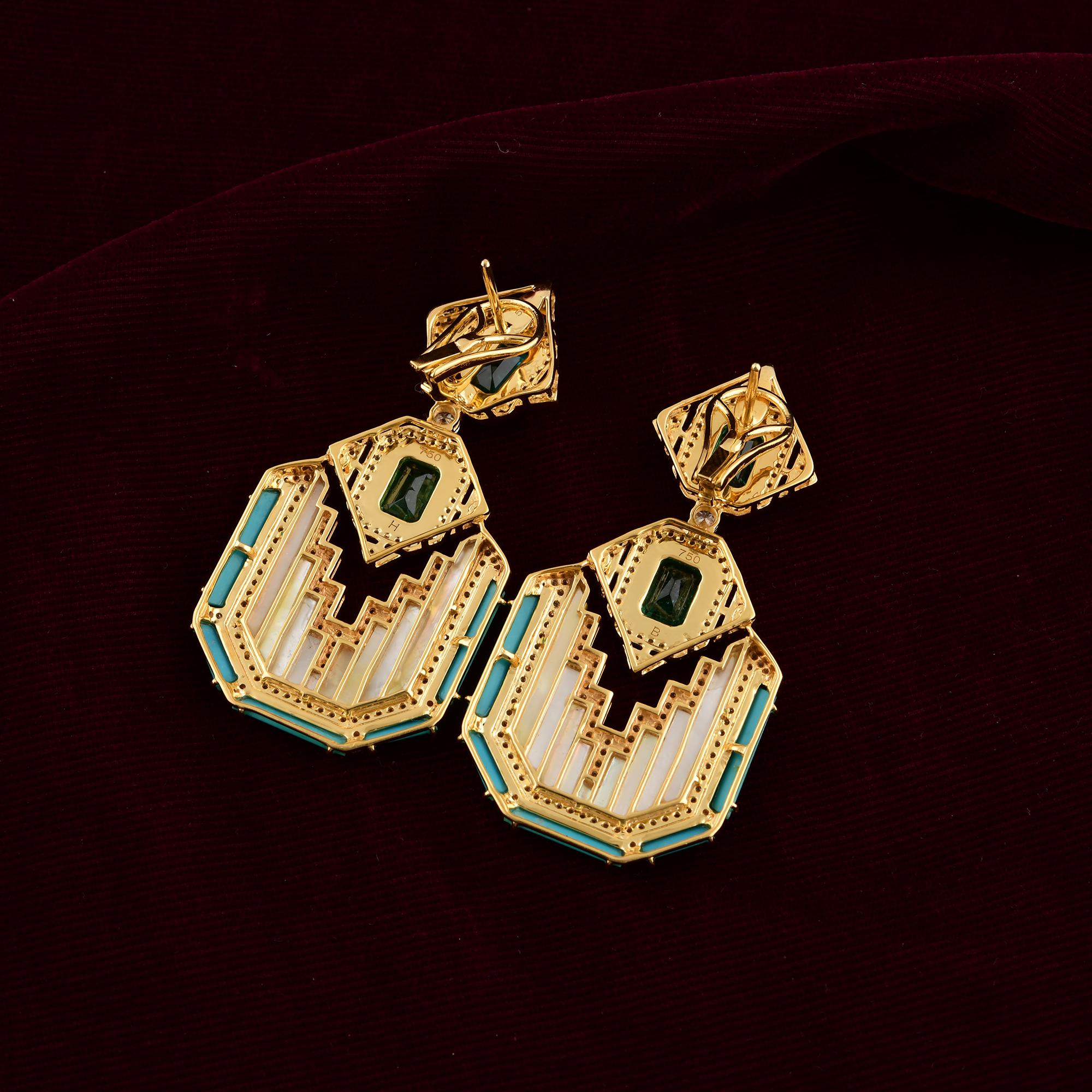 Art Deco 13.58Ct Emerald & Turquoise Drop Earrings in 18K Gold with Diamonds For Sale 1