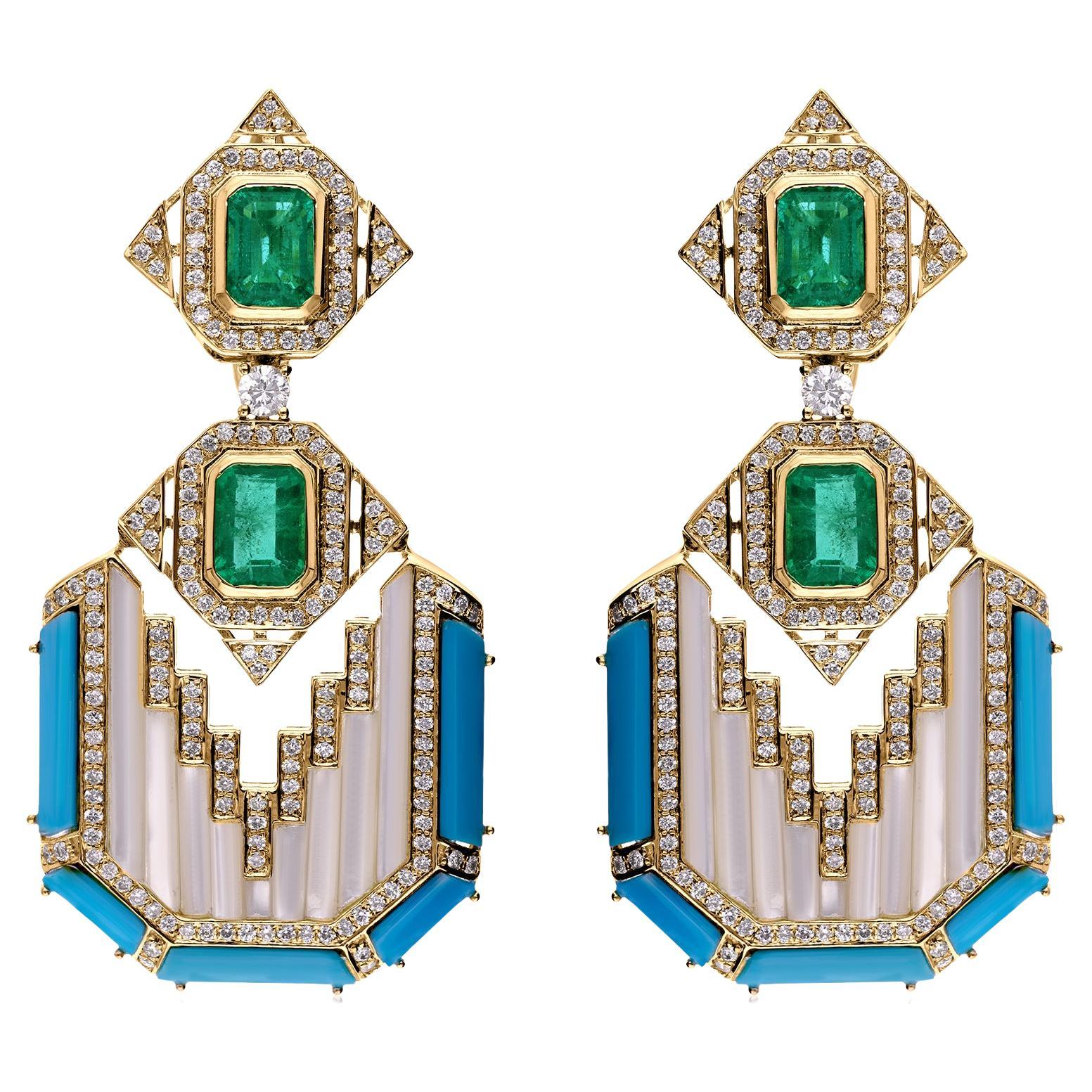 Art Deco 13.58Ct Emerald & Turquoise Drop Earrings in 18K Gold with Diamonds For Sale