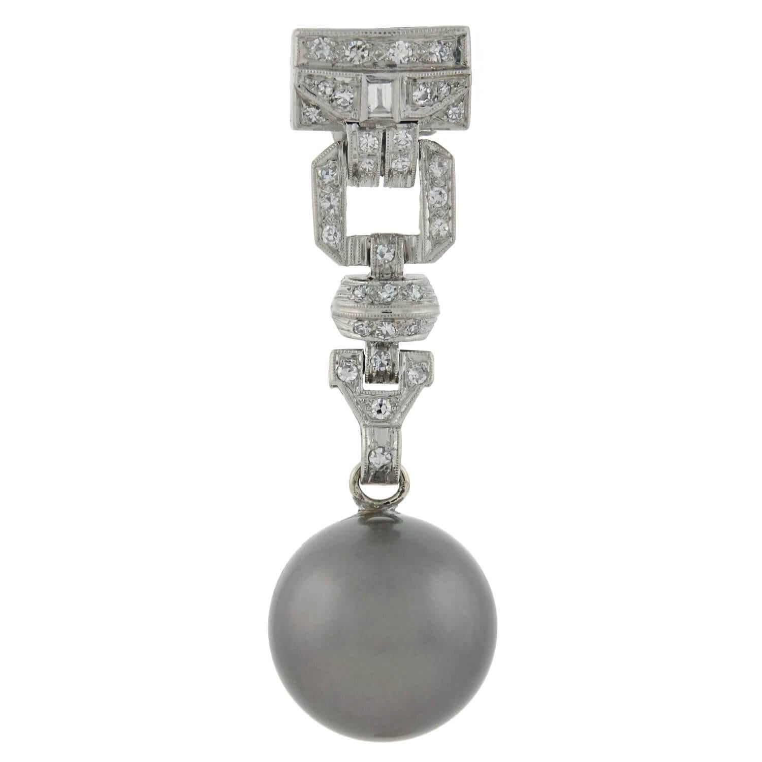 Emerald Cut Art Deco Black Tahitian Pearl and Diamond Drop Earrings 1.00 Total Carat