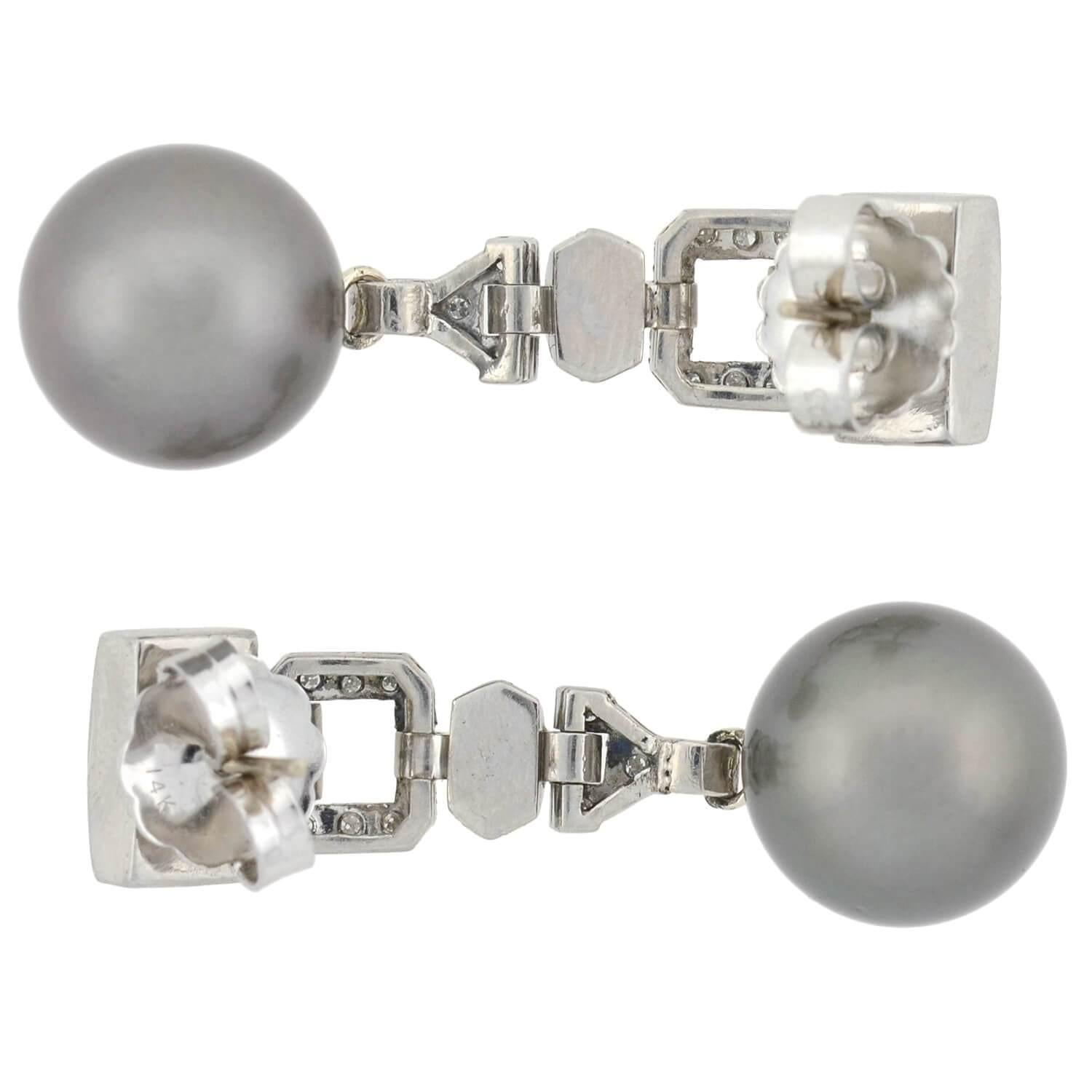 Art Deco Black Tahitian Pearl and Diamond Drop Earrings 1.00 Total Carat 2