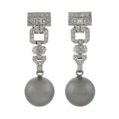 Art Deco Black Tahitian Pearl and Diamond Drop Earrings 1.00 Total Carat