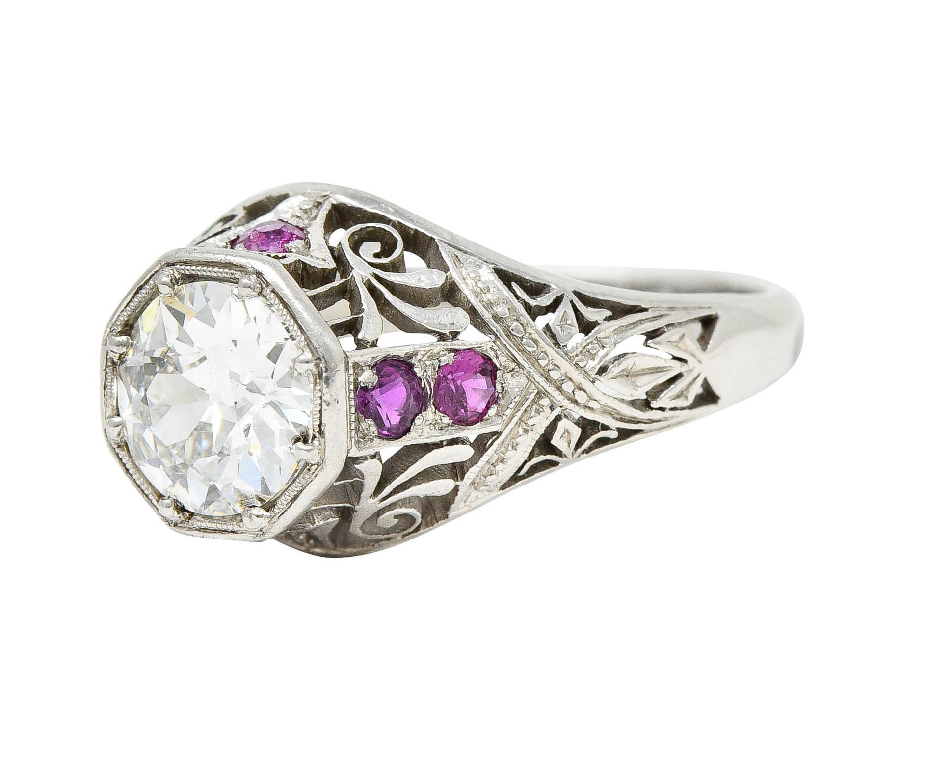 Art Deco 1.36 Carats Diamond Ruby Platinum Octagonal Engagement Ring 2