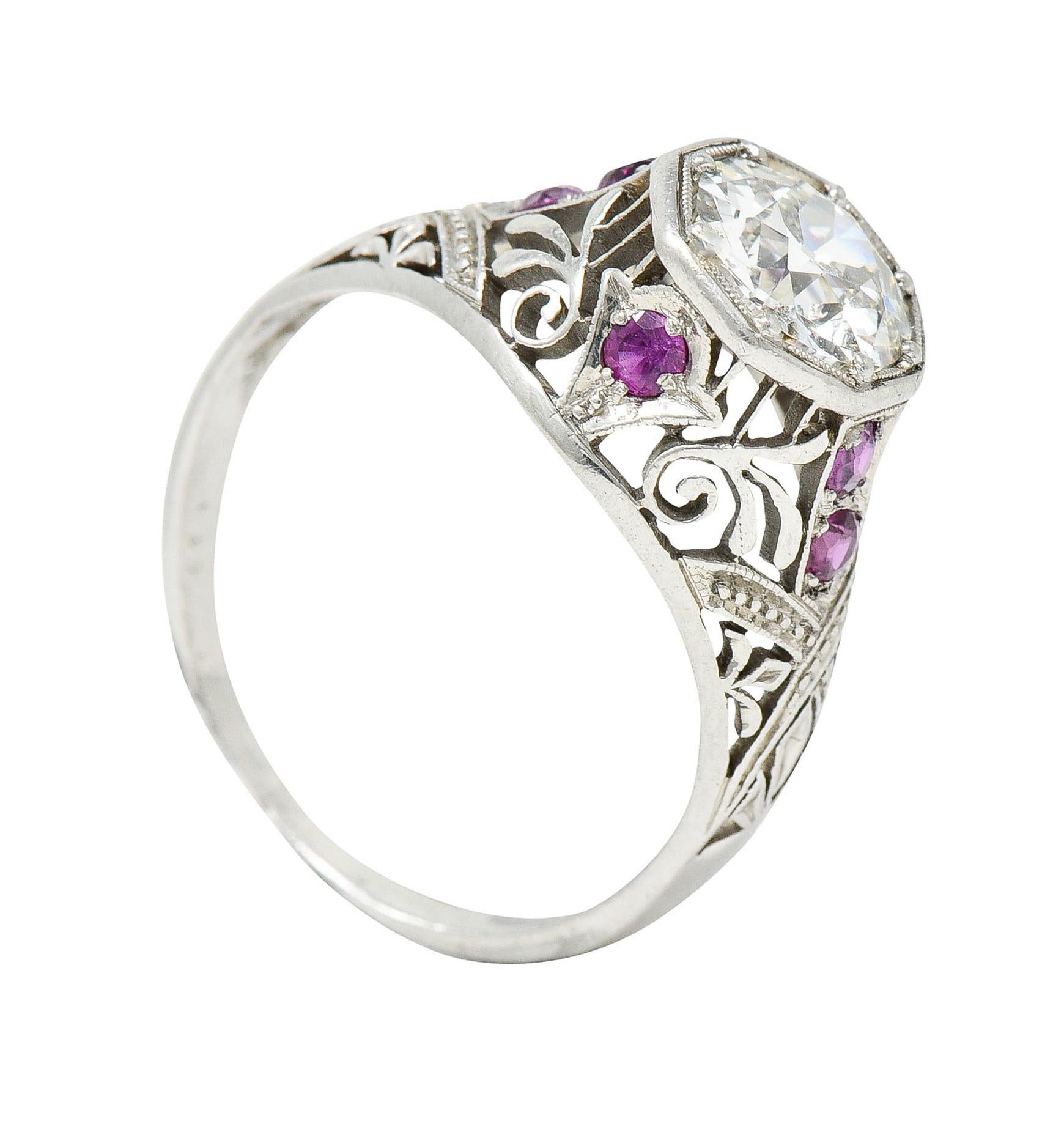 Art Deco 1.36 Carats Diamond Ruby Platinum Octagonal Engagement Ring 3