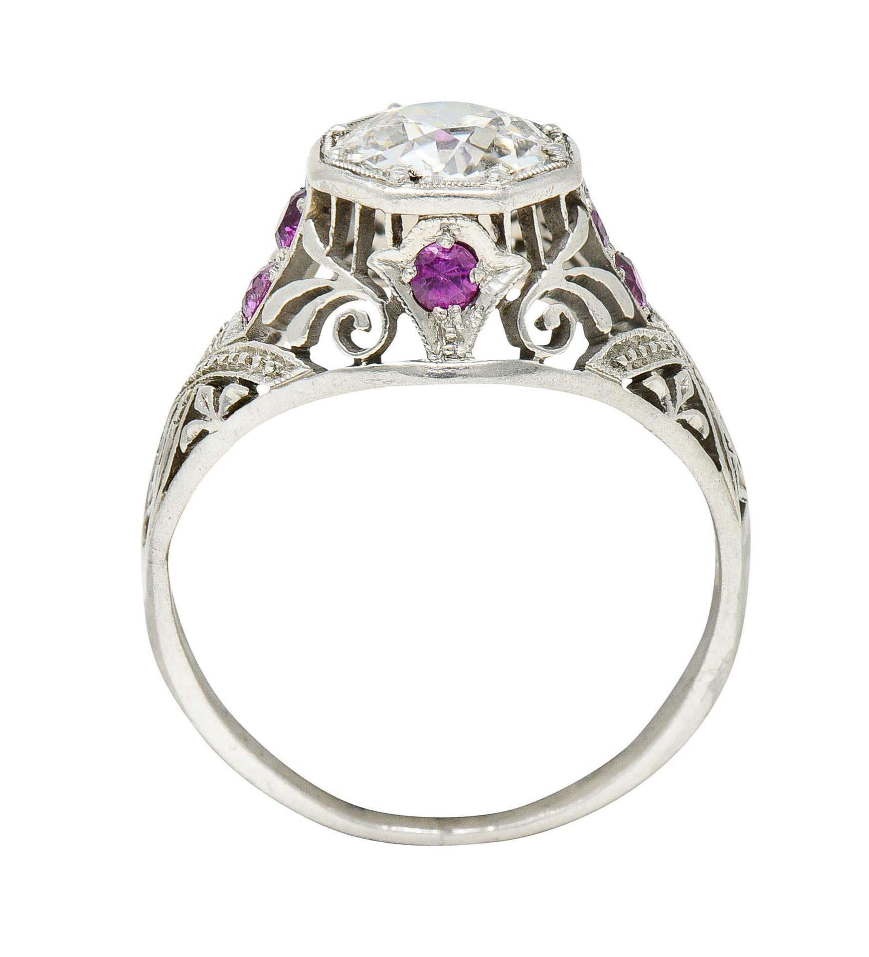 Art Deco 1.36 Carats Diamond Ruby Platinum Octagonal Engagement Ring 4