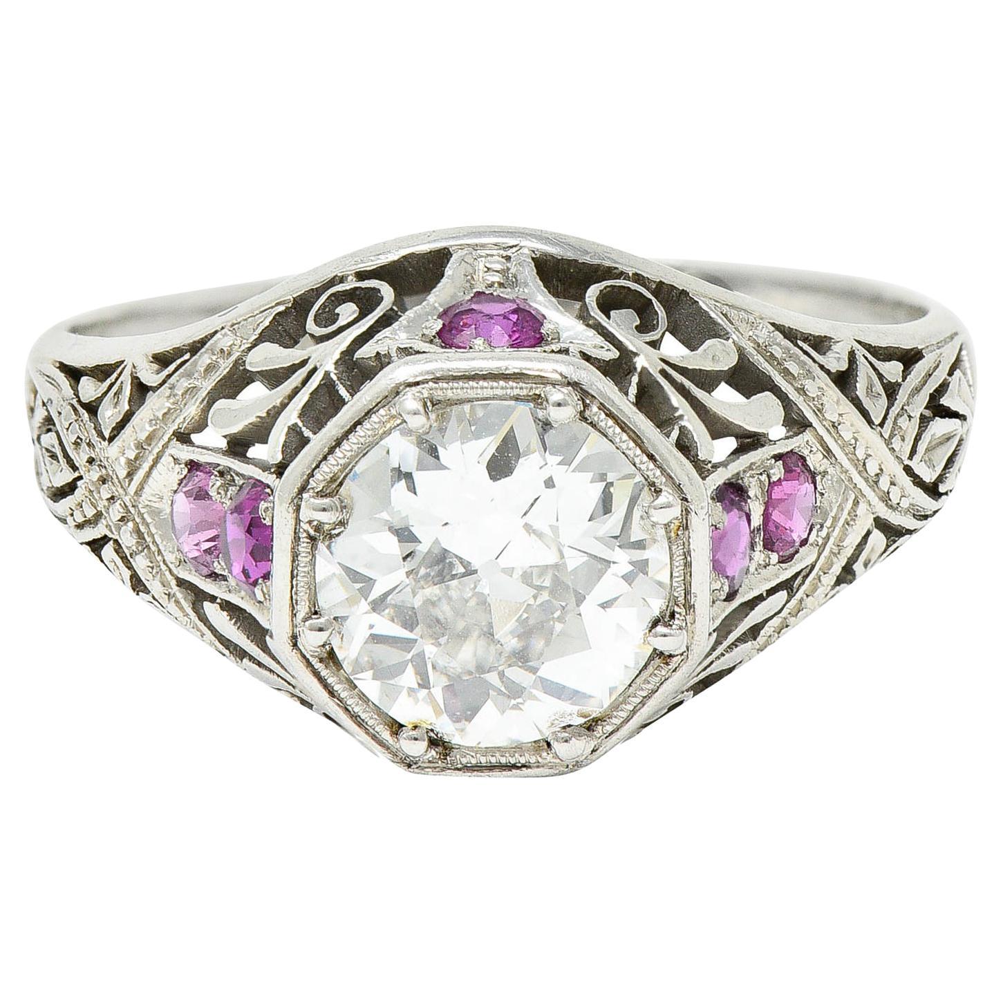 Art Deco 1.36 Carats Diamond Ruby Platinum Octagonal Engagement Ring