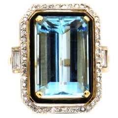 Art Deco 13.6 ct Aquamarine Diamond 18K Gold and Enamel Cocktail Ring, c. 1920