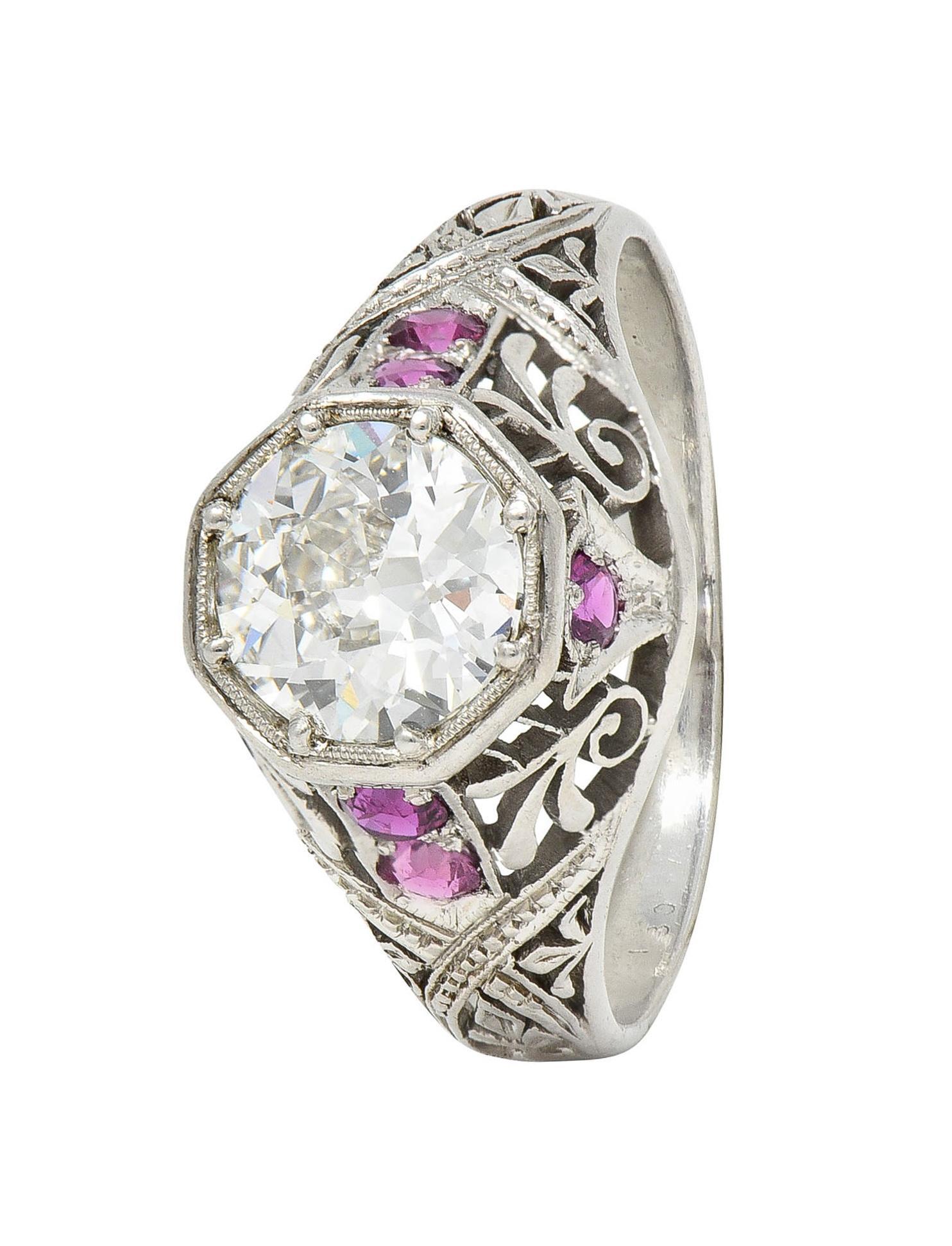Art Deco 1.36 CTW Diamond Ruby Platinum Octagonal Vintage Engagement Ring For Sale 5