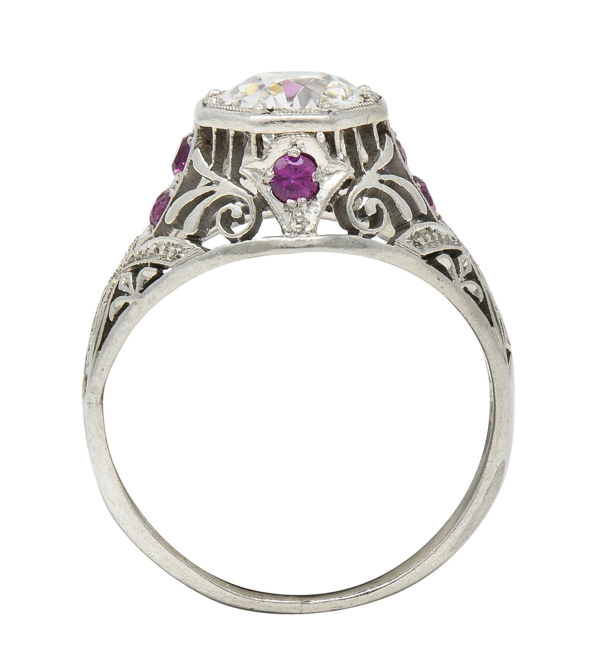 Art Deco 1.36 CTW Diamond Ruby Platinum Octagonal Vintage Engagement Ring For Sale 6