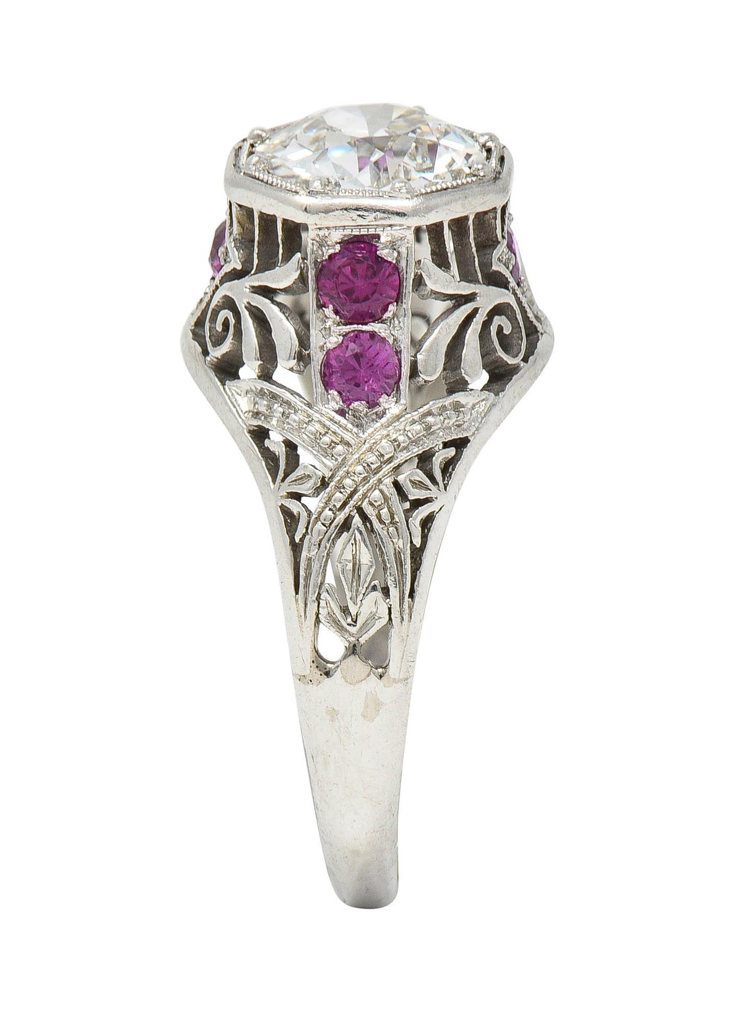 Art Deco 1.36 CTW Diamond Ruby Platinum Octagonal Vintage Engagement Ring For Sale 7