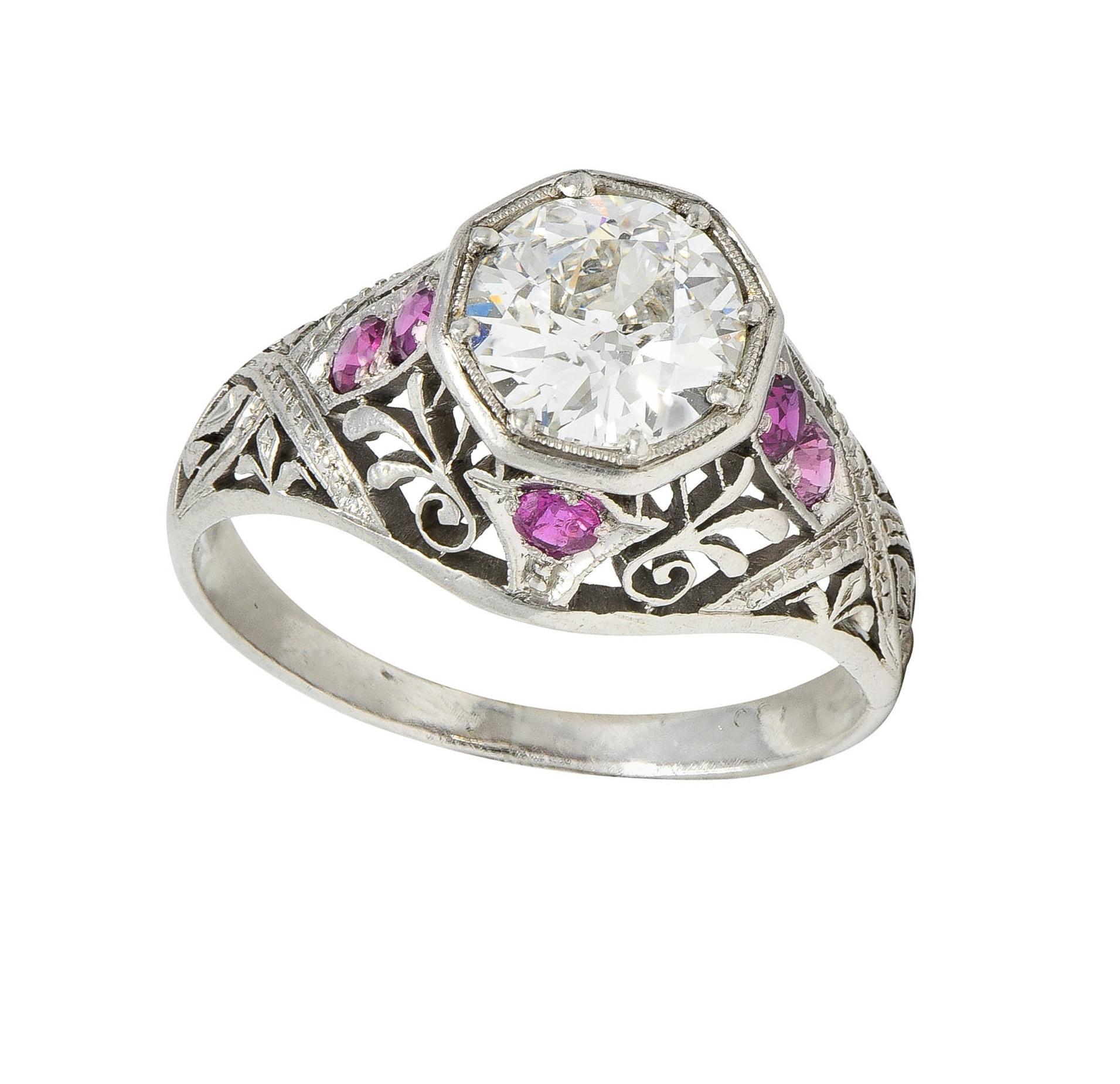 Art Deco 1.36 CTW Diamond Ruby Platinum Octagonal Vintage Engagement Ring For Sale 8