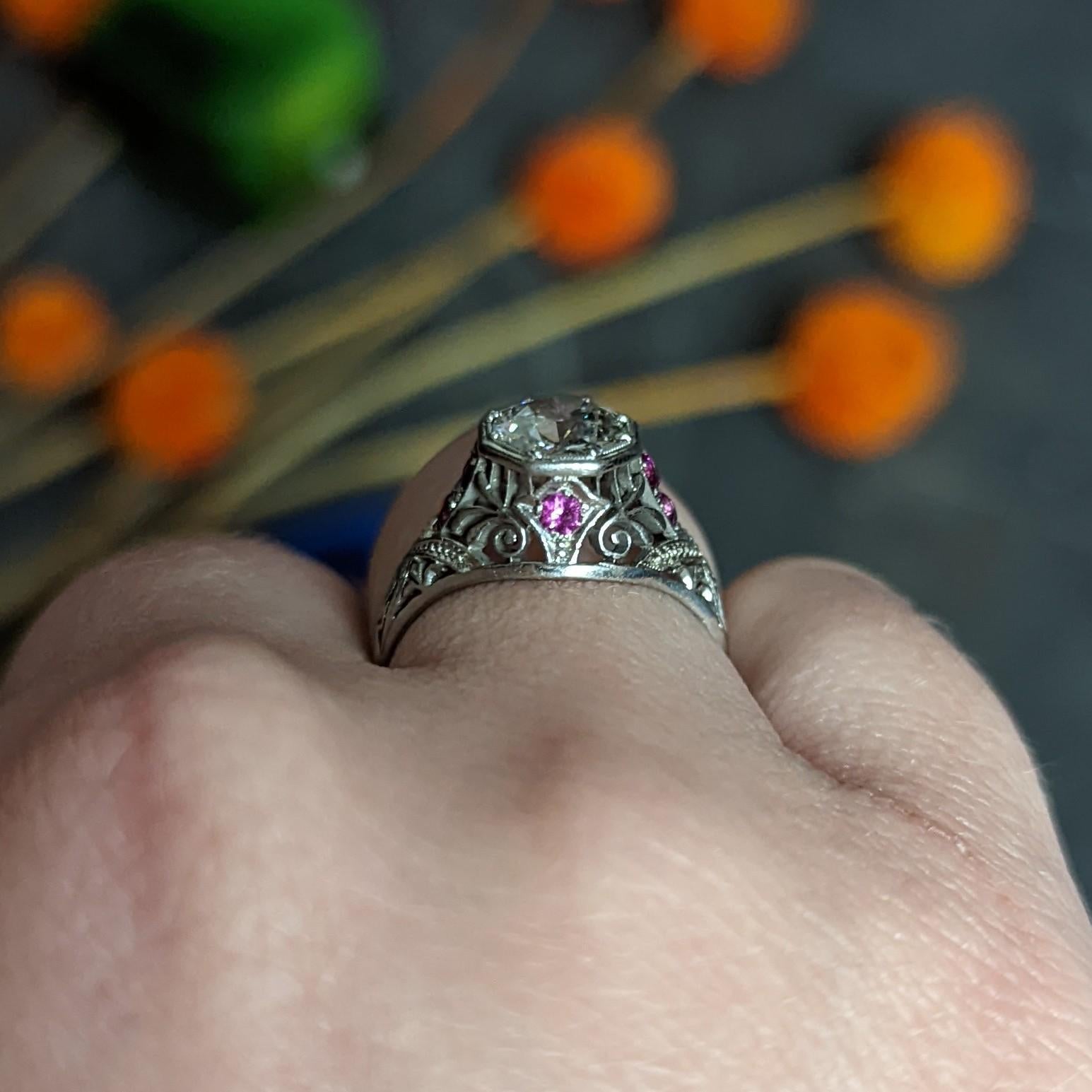 Art Deco 1.36 CTW Diamond Ruby Platinum Octagonal Vintage Engagement Ring For Sale 9