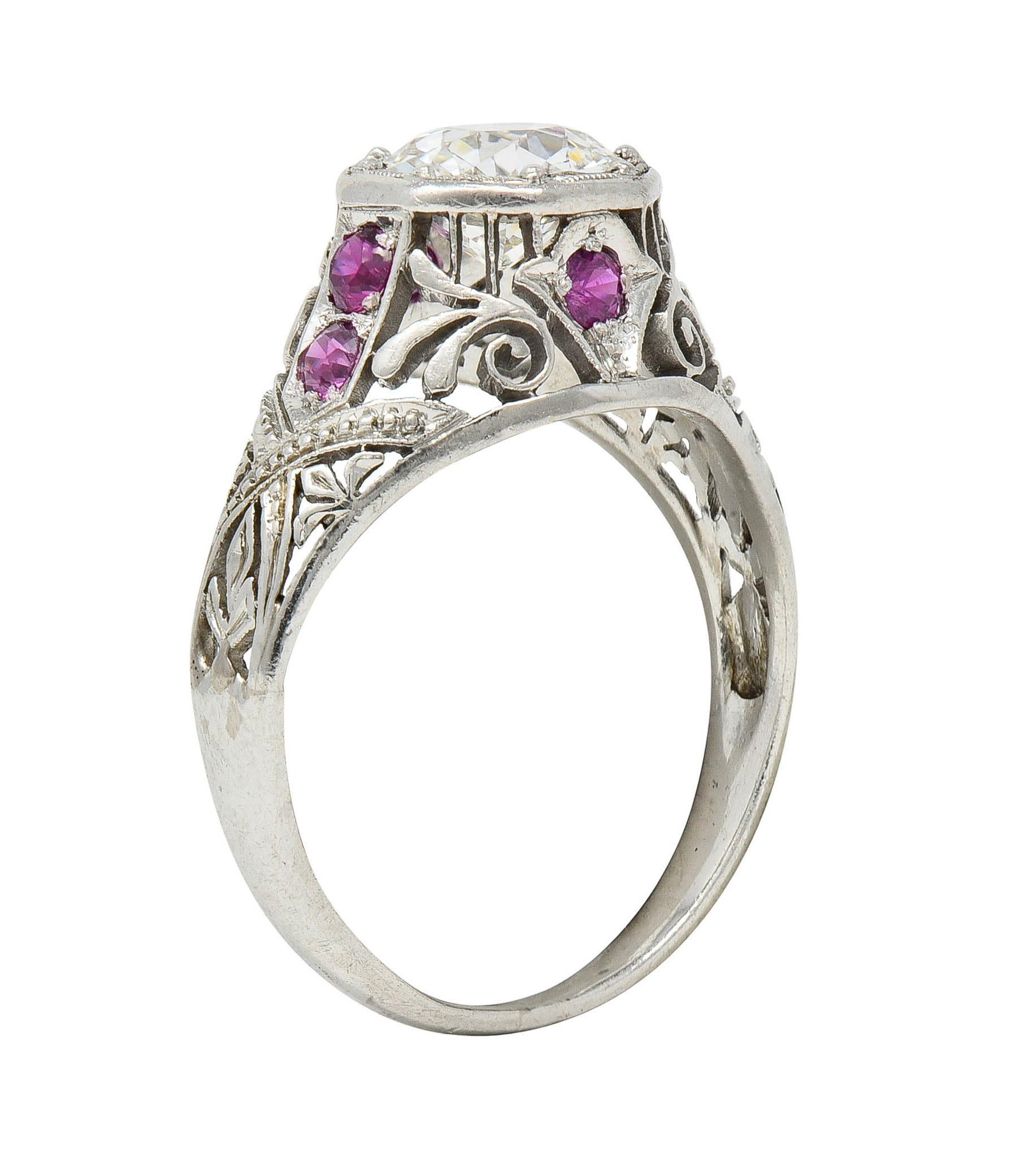 Round Cut Art Deco 1.36 CTW Diamond Ruby Platinum Octagonal Vintage Engagement Ring For Sale