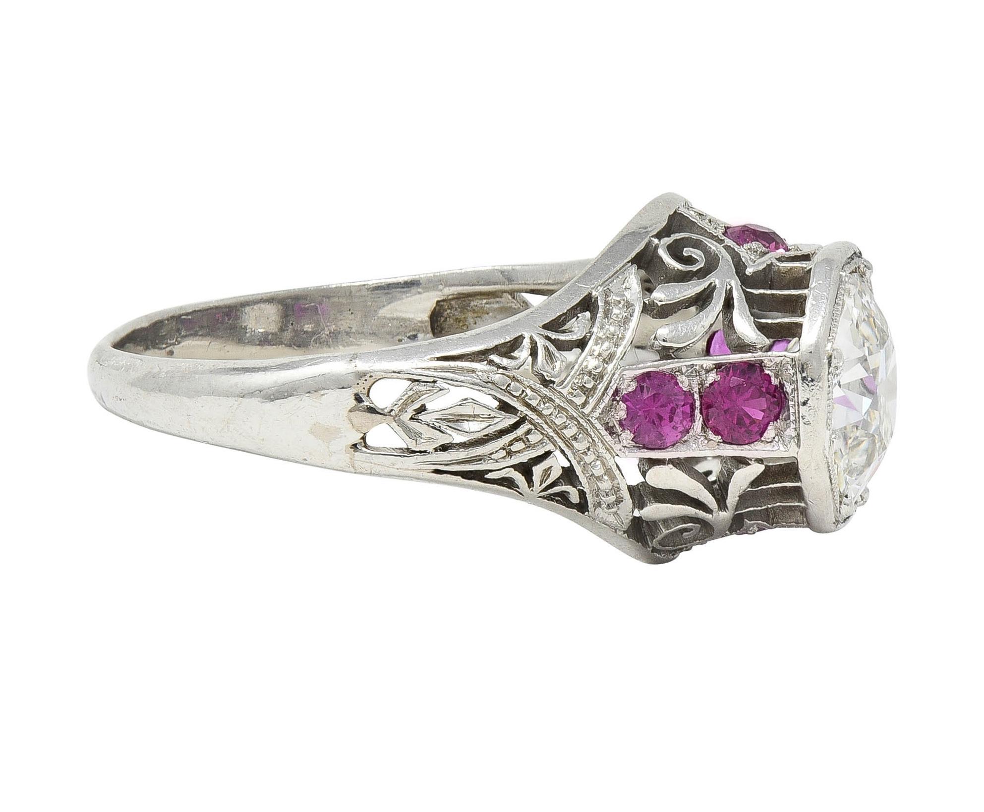 Art Deco 1.36 CTW Diamond Ruby Platinum Octagonal Vintage Engagement Ring In Excellent Condition For Sale In Philadelphia, PA