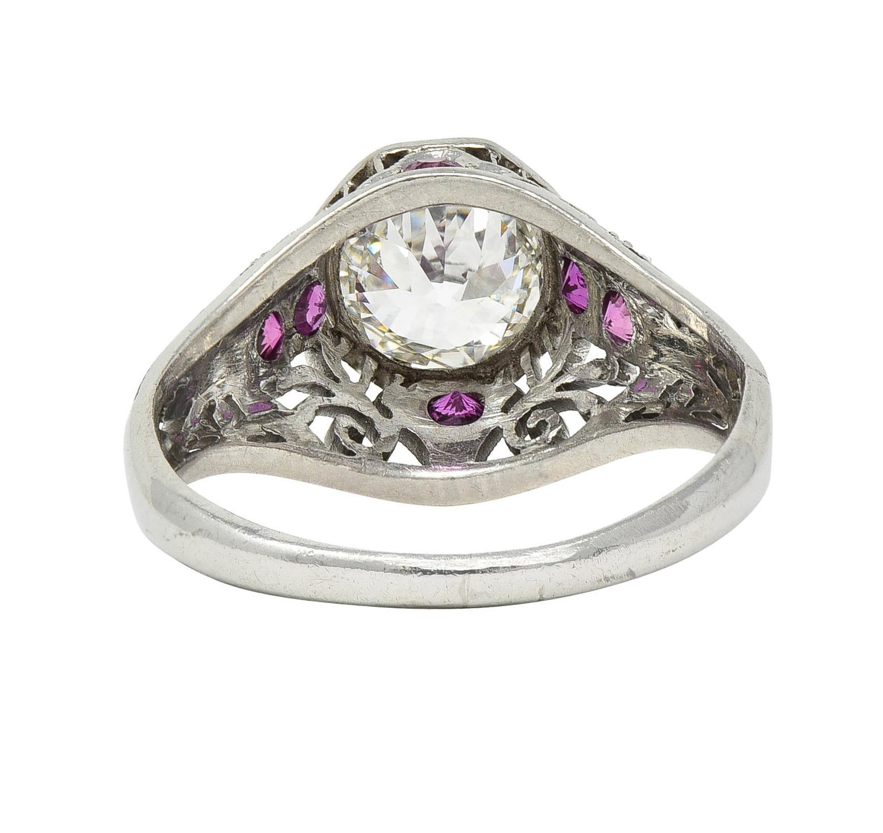 Art Deco 1.36 CTW Diamond Ruby Platinum Octagonal Vintage Engagement Ring For Sale 1