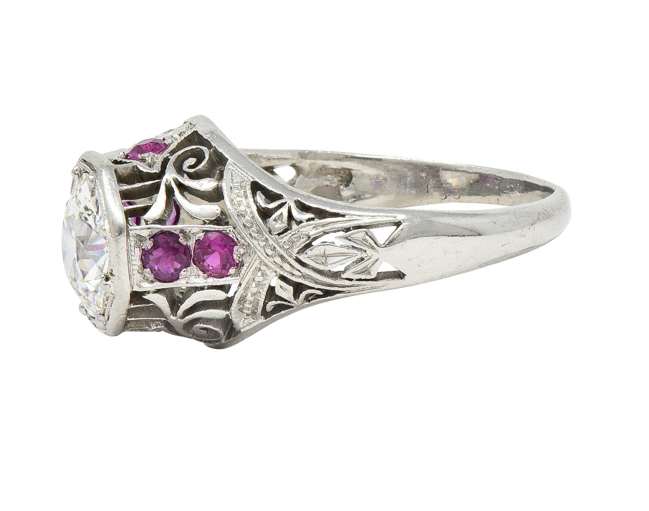 Art Deco 1.36 CTW Diamond Ruby Platinum Octagonal Vintage Engagement Ring For Sale 2